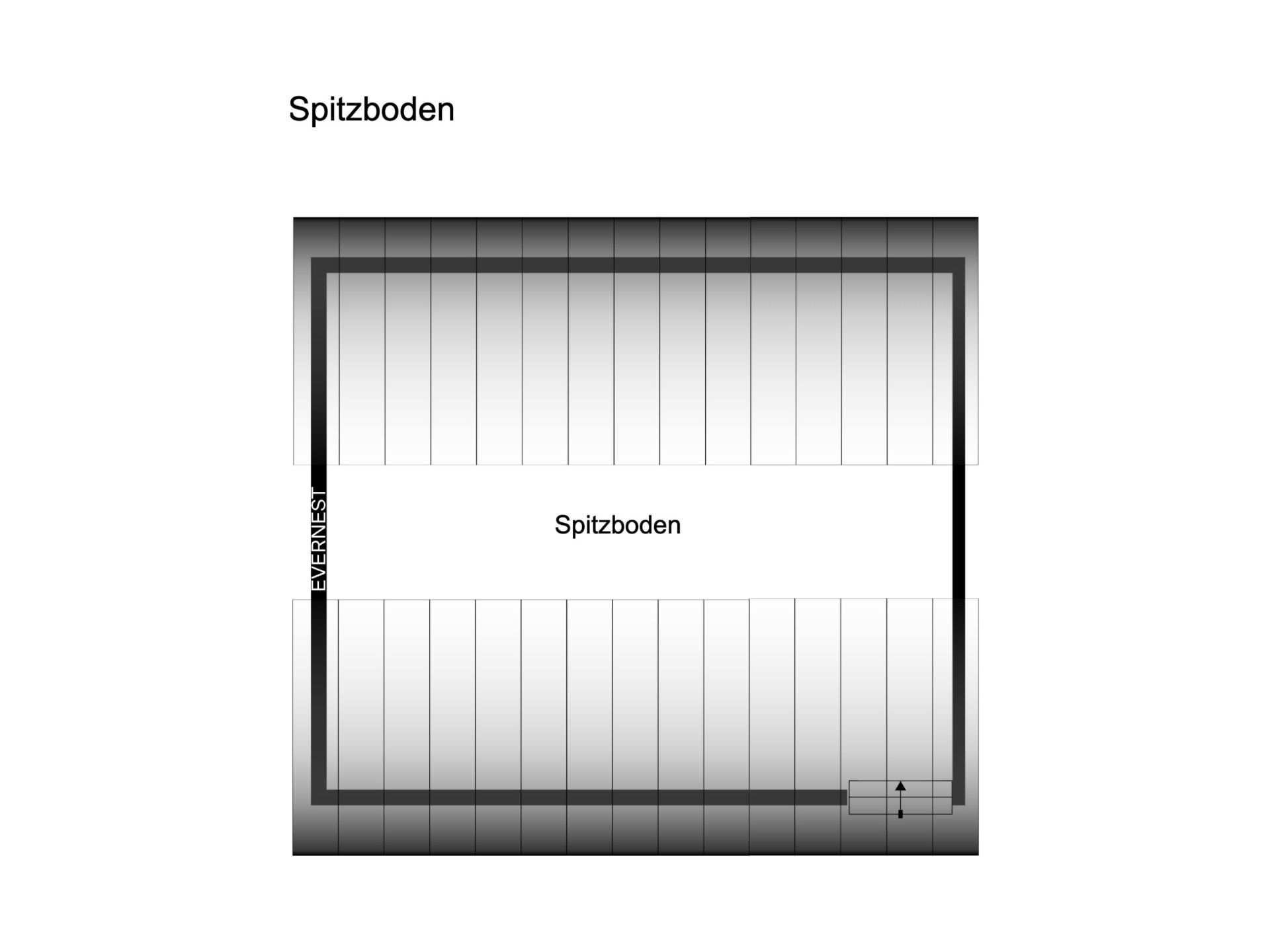 Grundriss eines Spitzbodens mit einer Treppe dargestellt.