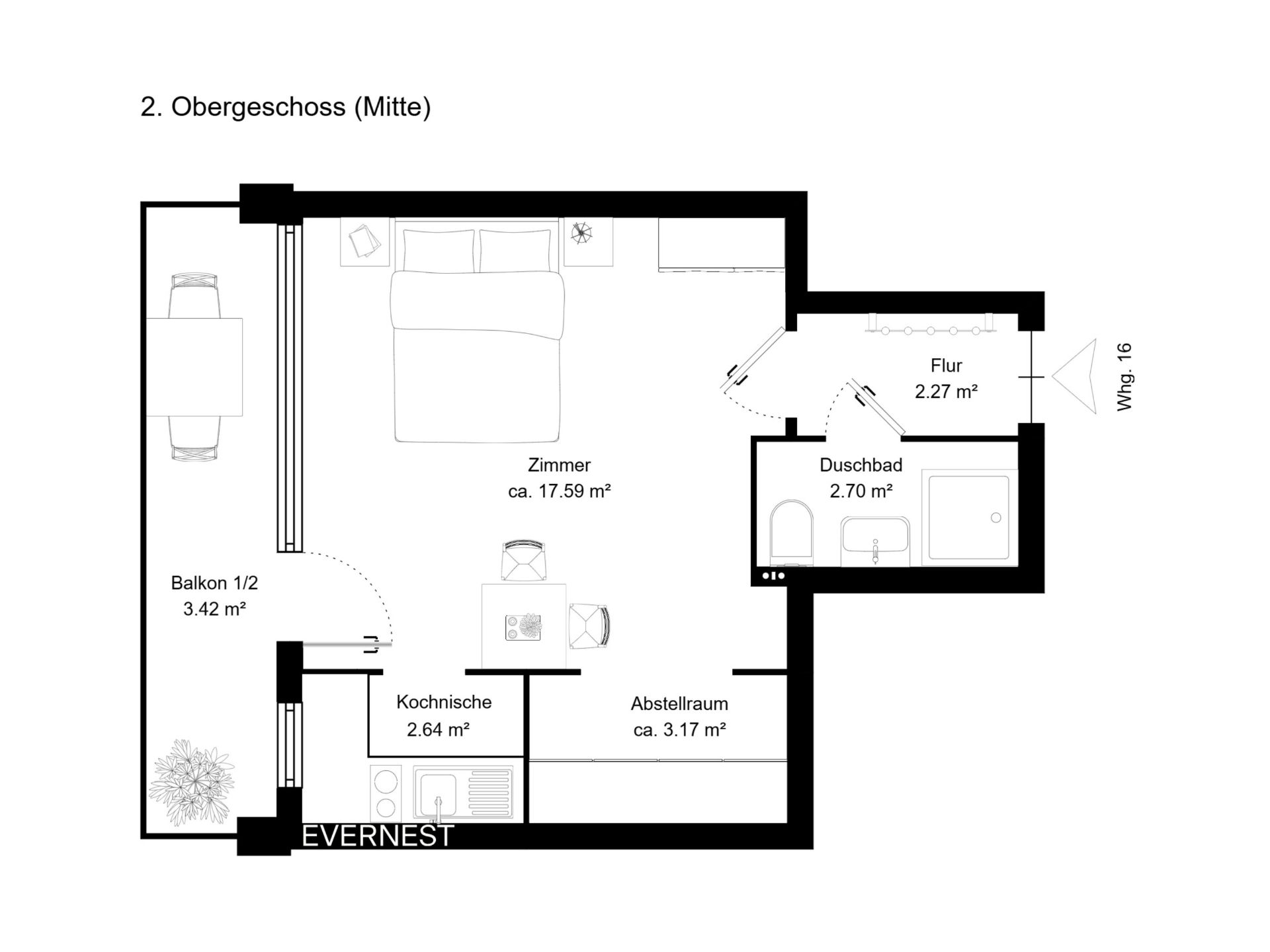 Wohnungsgrundriss mit Zimmer, Kochnische, Duschbad, Abstellraum, Flur und Balkon.