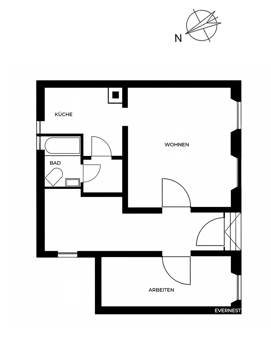 Grundriss einer Wohnung mit Küche, Bad, Wohn- und Arbeitszimmer.