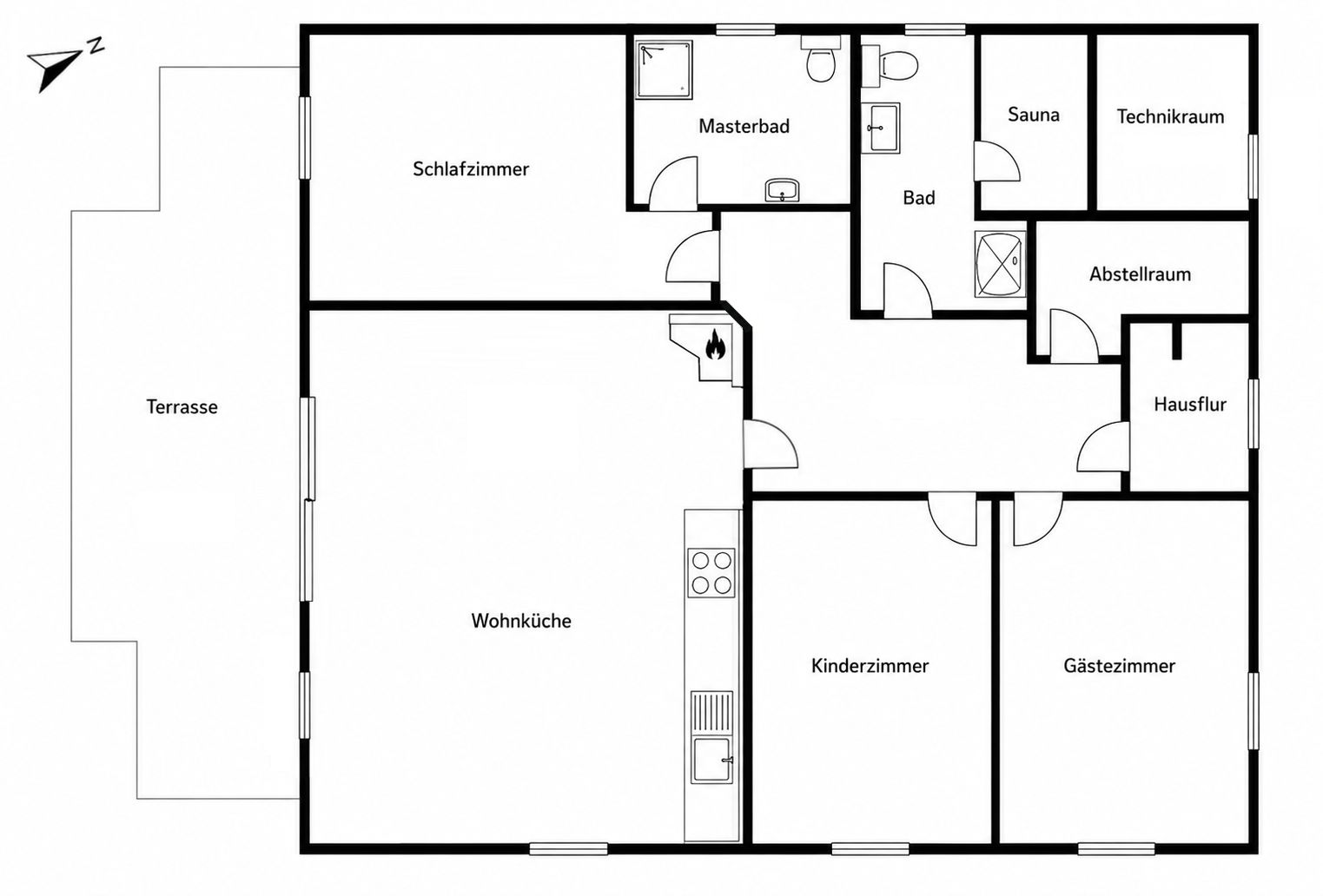 Grundriss eines Hauses mit Schlafzimmer, Wohnküche, Kinderzimmer, Gästezimmer und Terrasse.