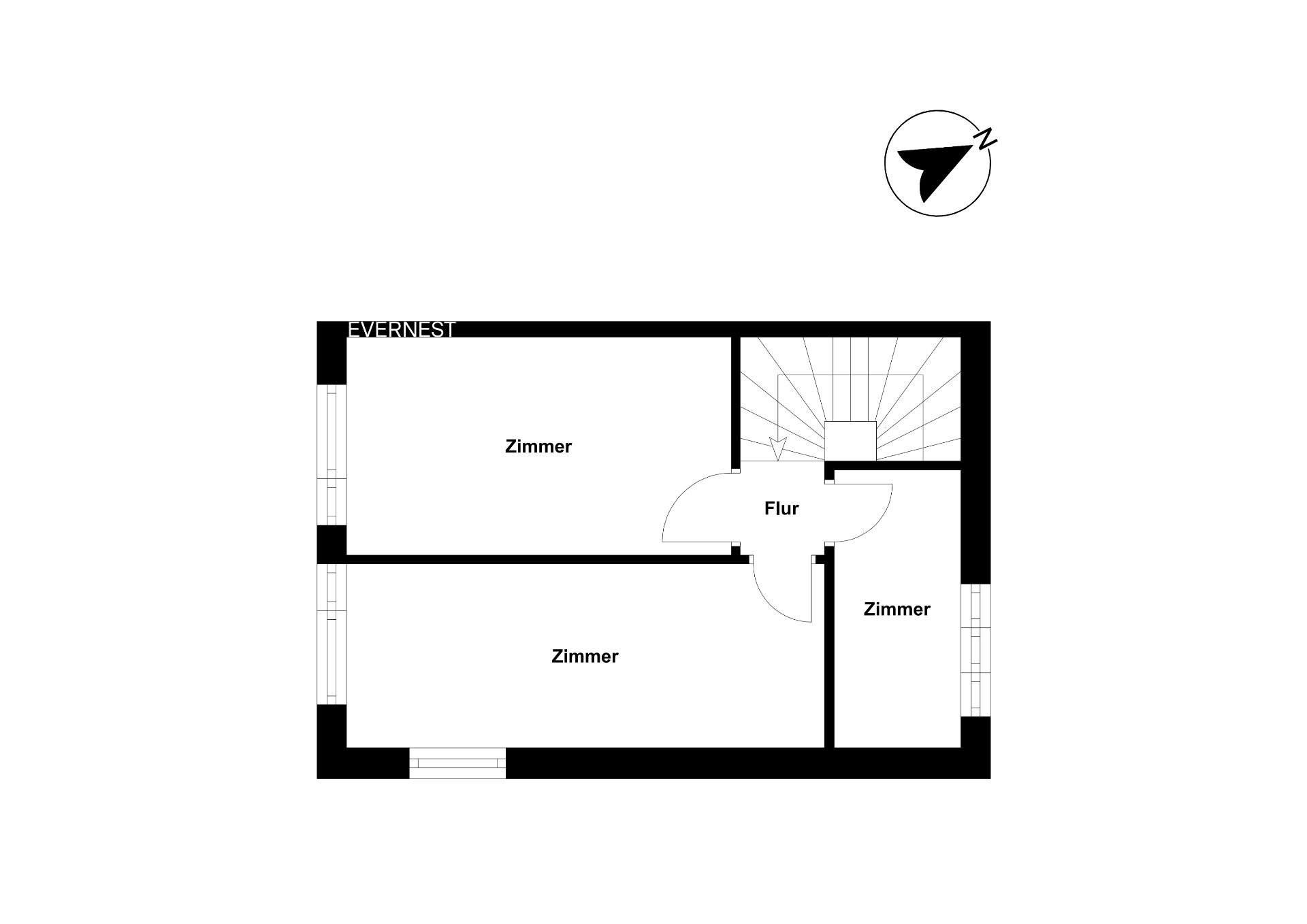 Grundriss mit Flur und drei Zimmern, Treppe oben rechts sichtbar.