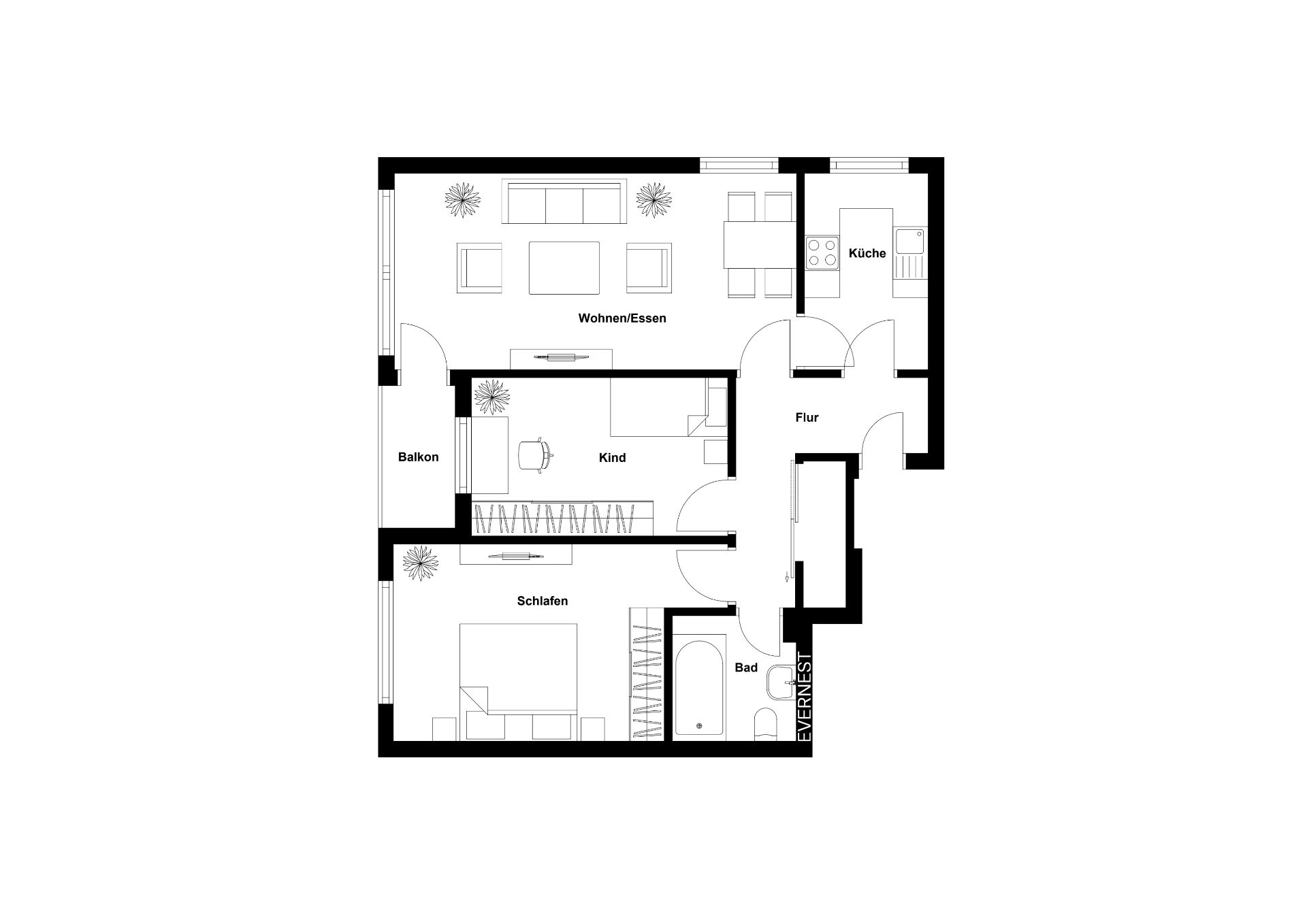 Grundriss einer Wohnung mit Wohnzimmer, Schlafzimmer, Kinderzimmer, Küche, Bad, Flur und Balkon.