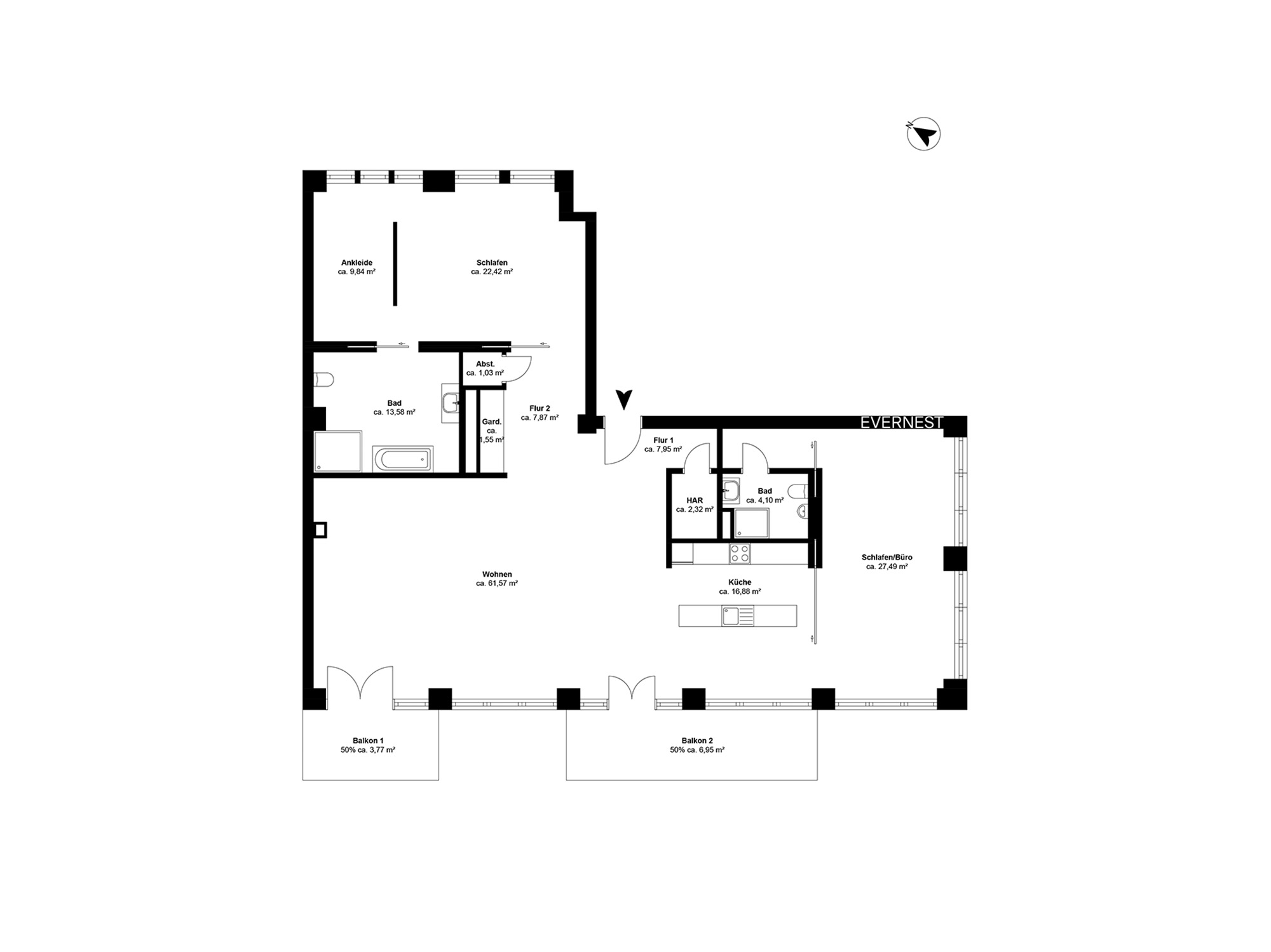 Grundriss einer Wohnung mit Wohnzimmer, Küche, zwei Bädern, Schlafzimmer, Ankleide und zwei Balkonen.