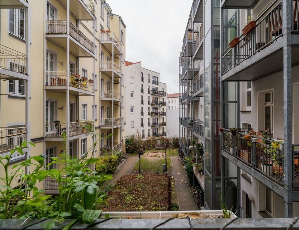 Blick auf Innenhof mit mehreren Wohngebäuden und Balkonen, einige Pflanzen im Vordergrund.