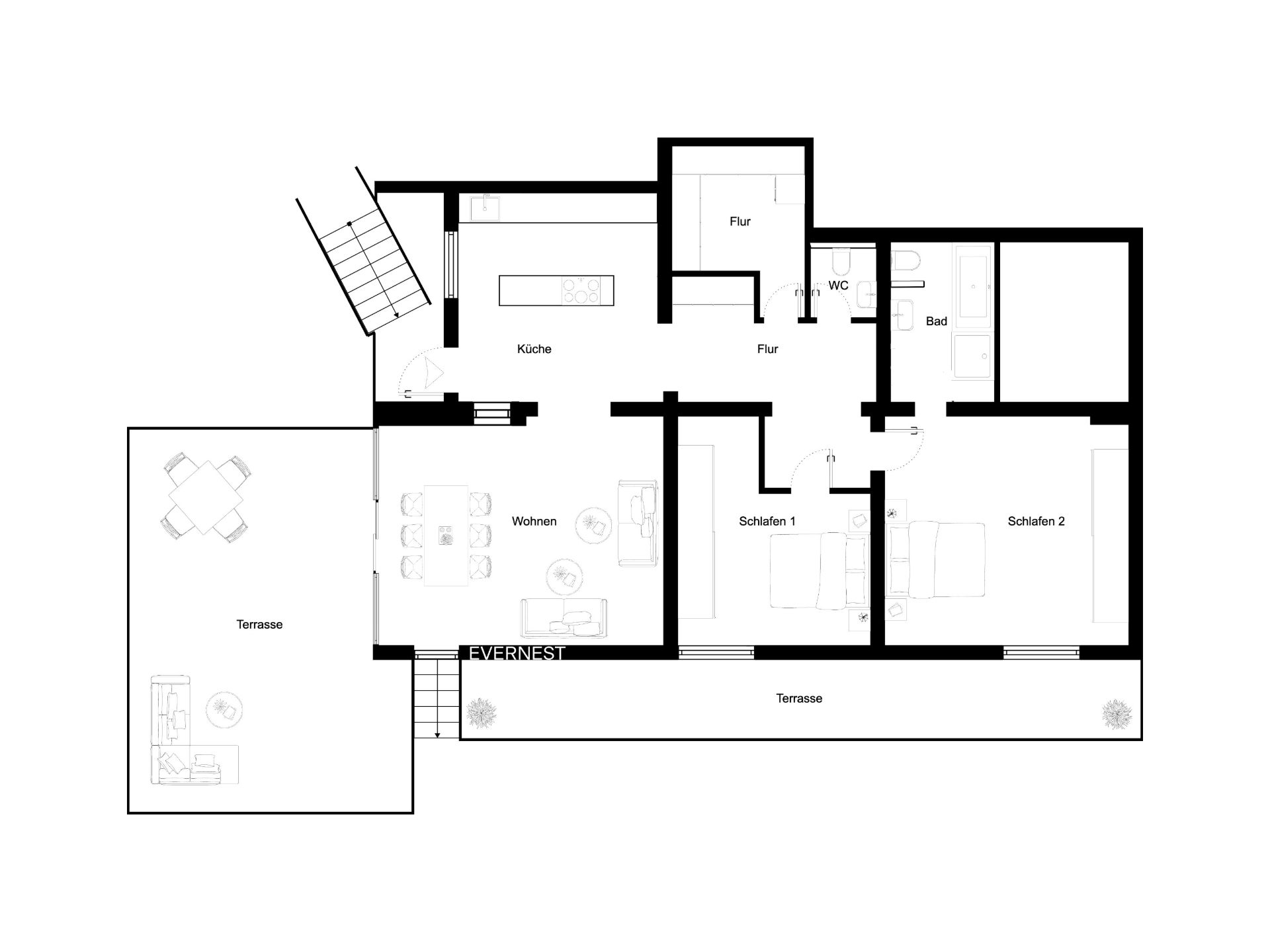 Grundriss einer Wohnung mit Küche, Wohnzimmer, zwei Schlafzimmern, Bad und zwei Terrassen.