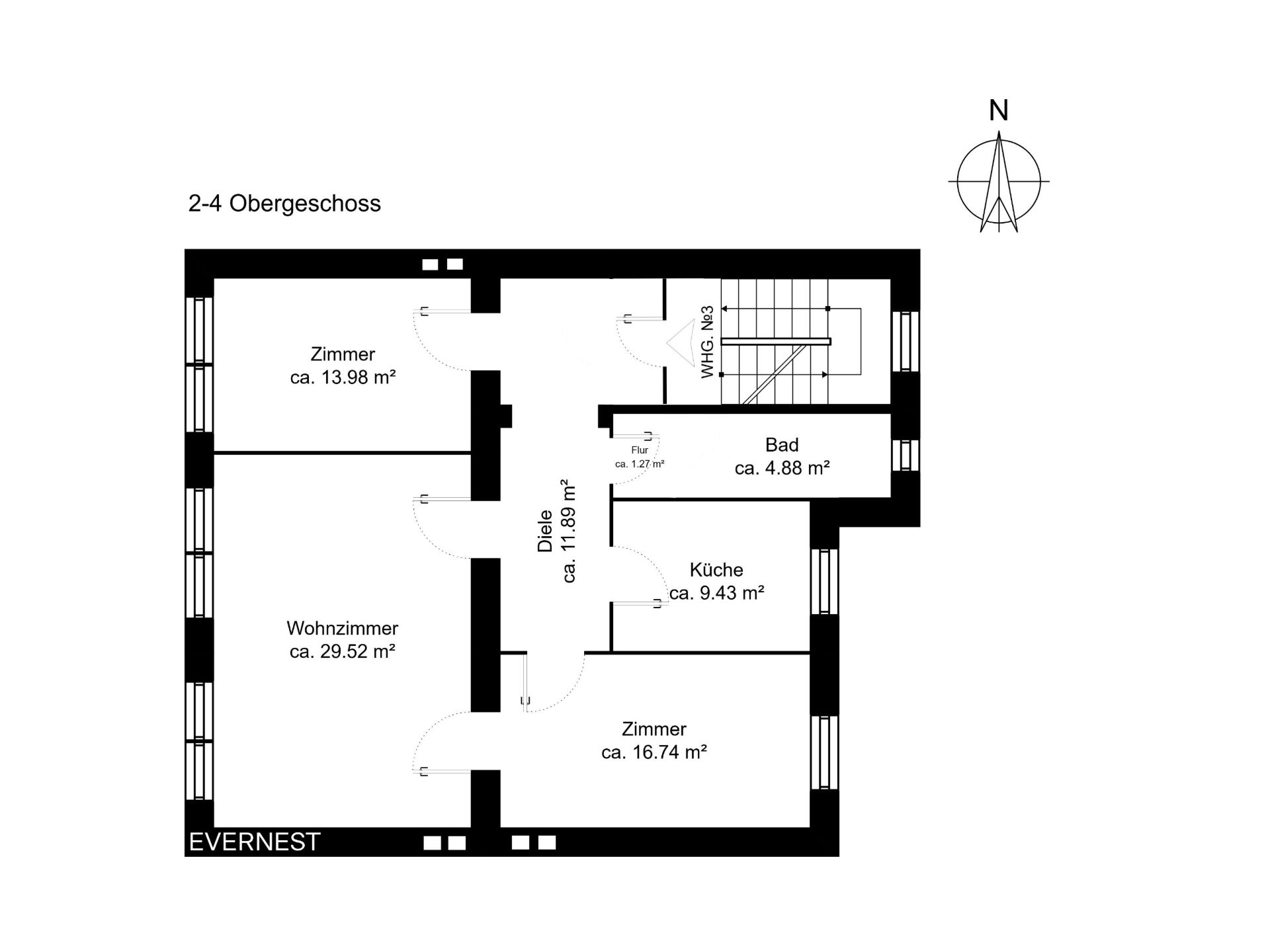 Grundriss einer Wohnung mit Wohnzimmer, zwei Zimmern, Küche, Bad und Flur.