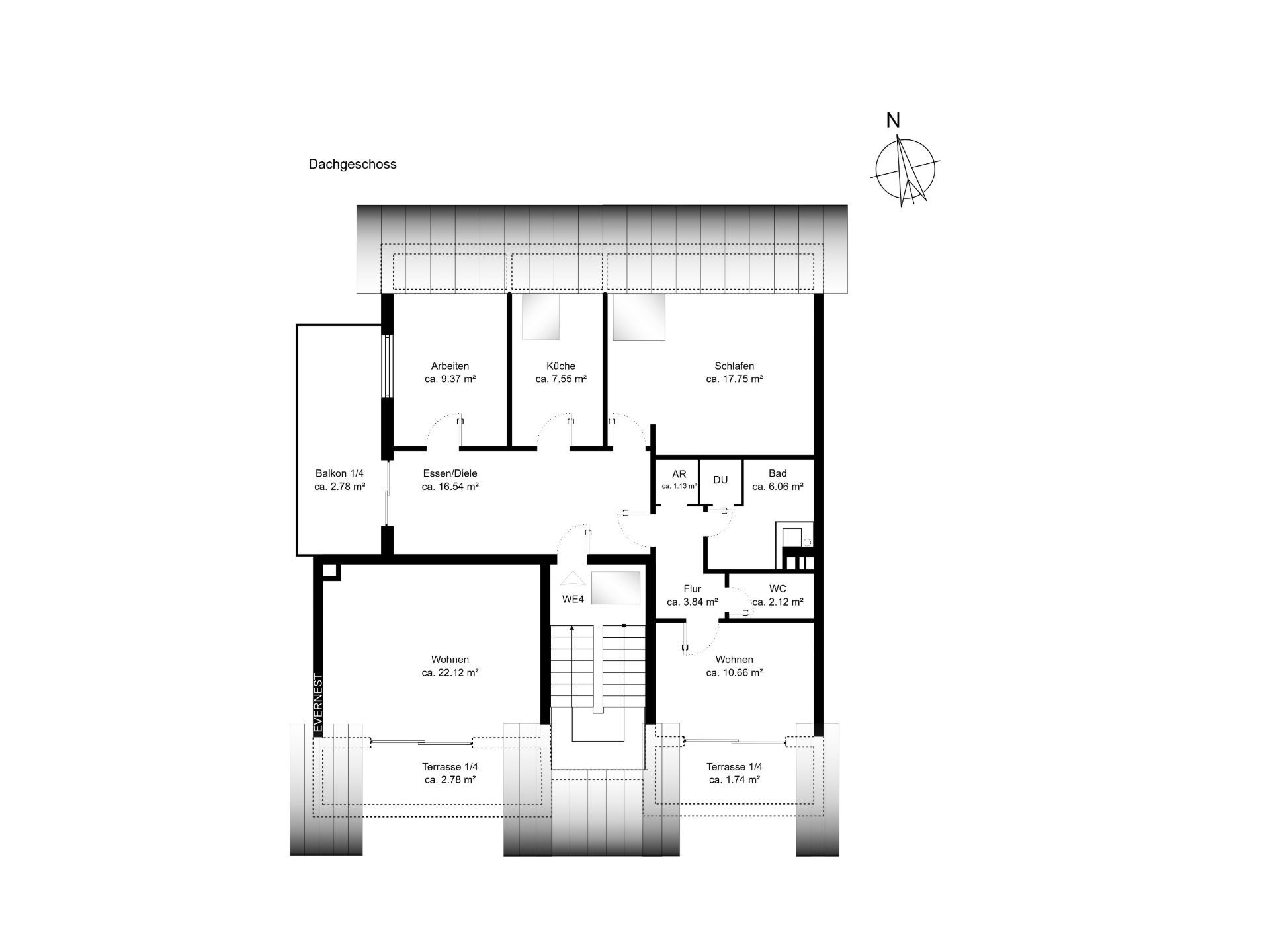 Grundriss einer Wohnung mit Küche, Schlafzimmer, zwei Wohnzimmern, Bad, WC, Arbeitszimmer und Terrassen.