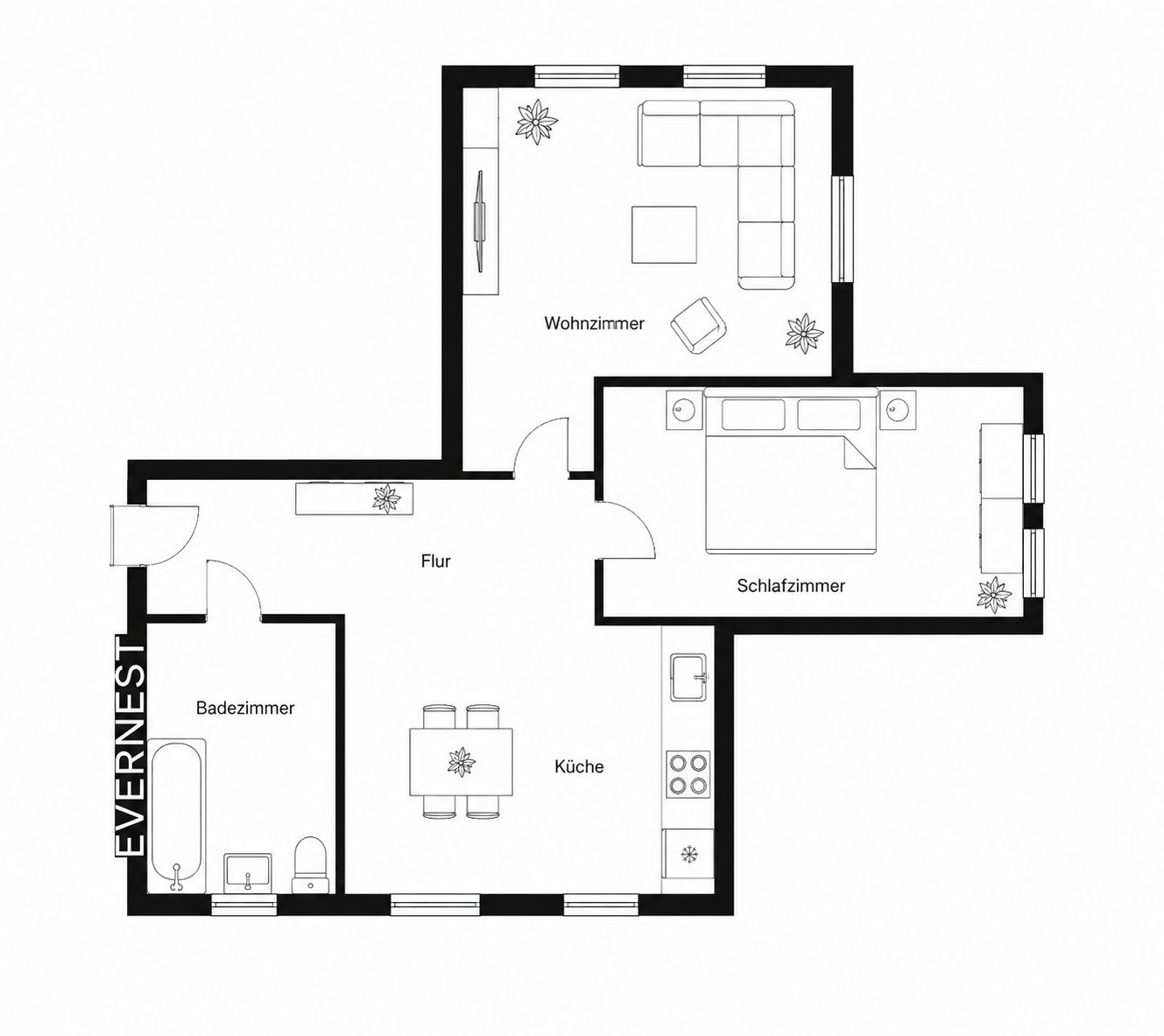 Grundriss einer Wohnung mit Wohnzimmer, Schlafzimmer, Küche, Badezimmer und Flur.