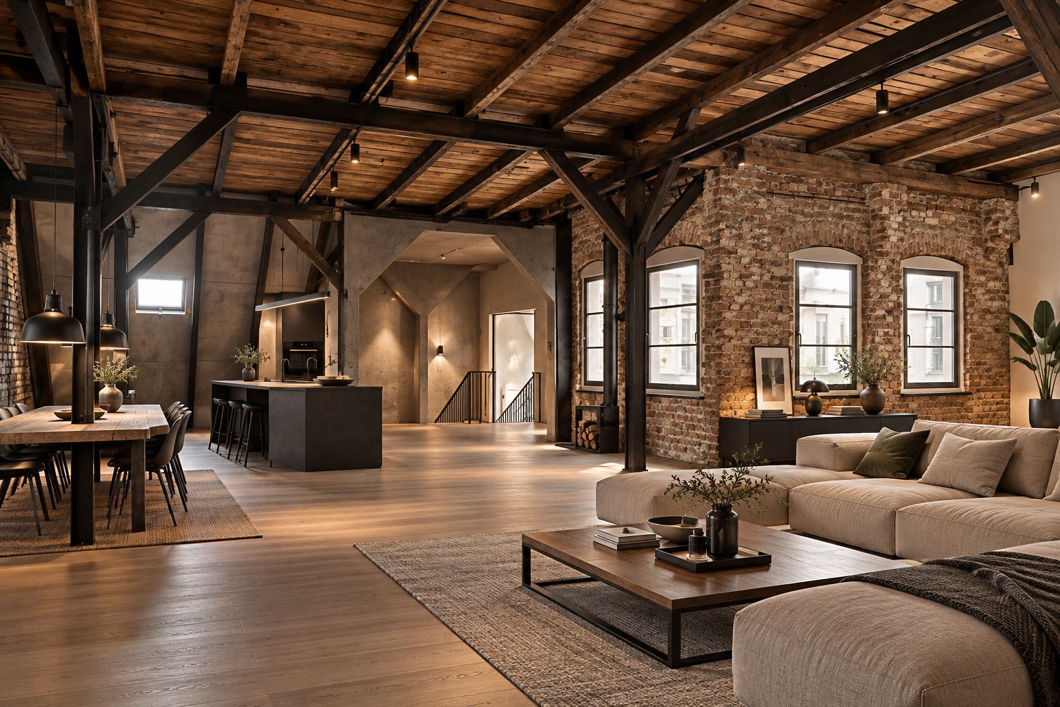 Großes offenes Wohnzimmer mit Holzbalkendecke, Ziegelwänden, Essbereich und moderner Küche.