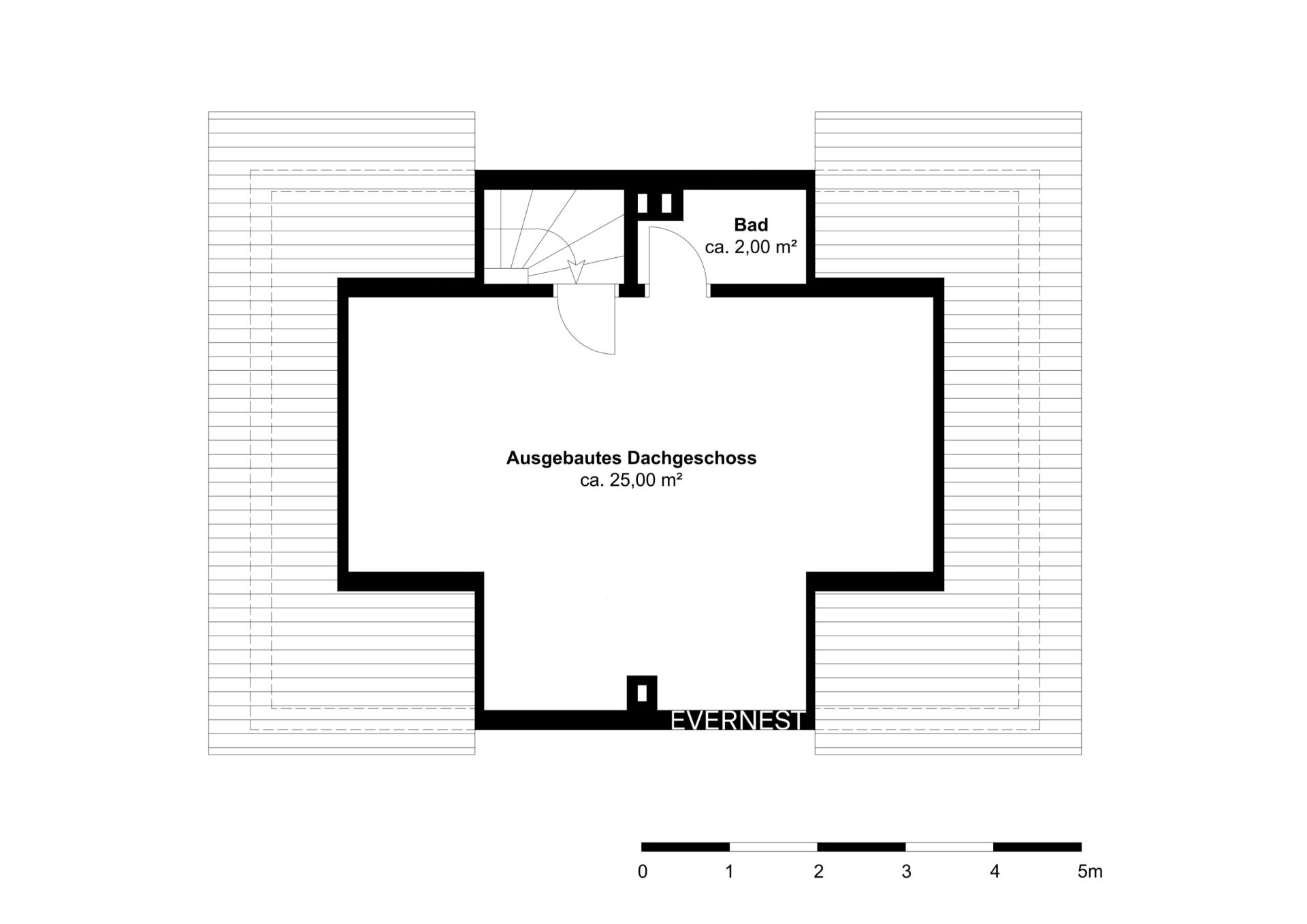 Grundriss eines ausgebauten Dachgeschosses mit Bad auf ca. 27 Quadratmetern.