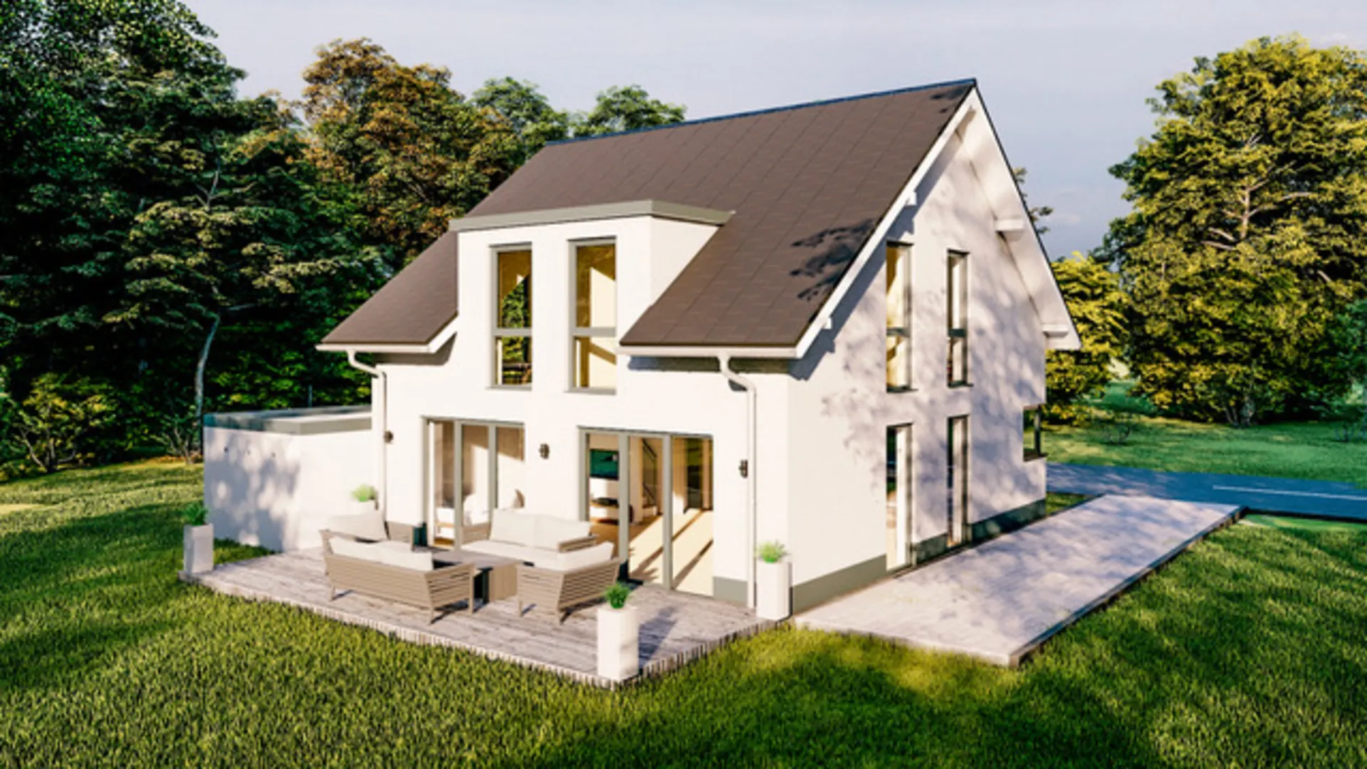 Modernes Einfamilienhaus mit Terrasse, Gartenmöbeln und großem Garten im Grünen.