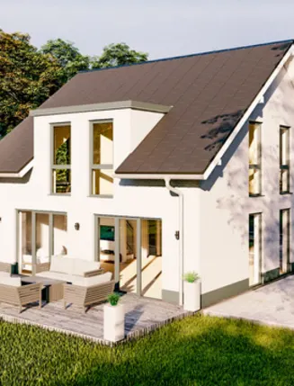 Modernes Einfamilienhaus mit Terrasse, Gartenmöbeln und großem Garten im Grünen.