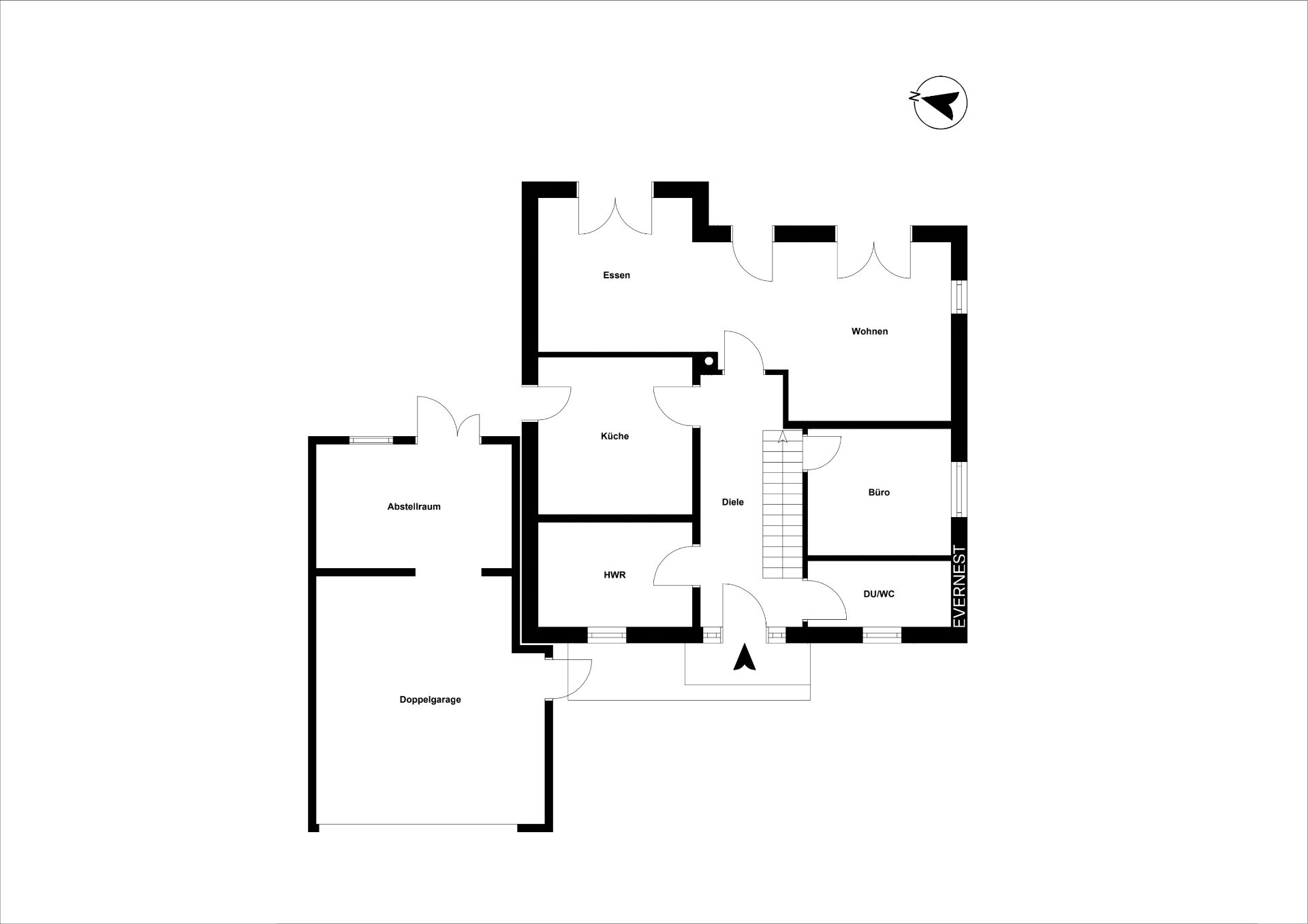 Grundriss eines Hauses mit Garage, Abstellraum, Küche, Ess- und Wohnzimmer, Büro und Bad.