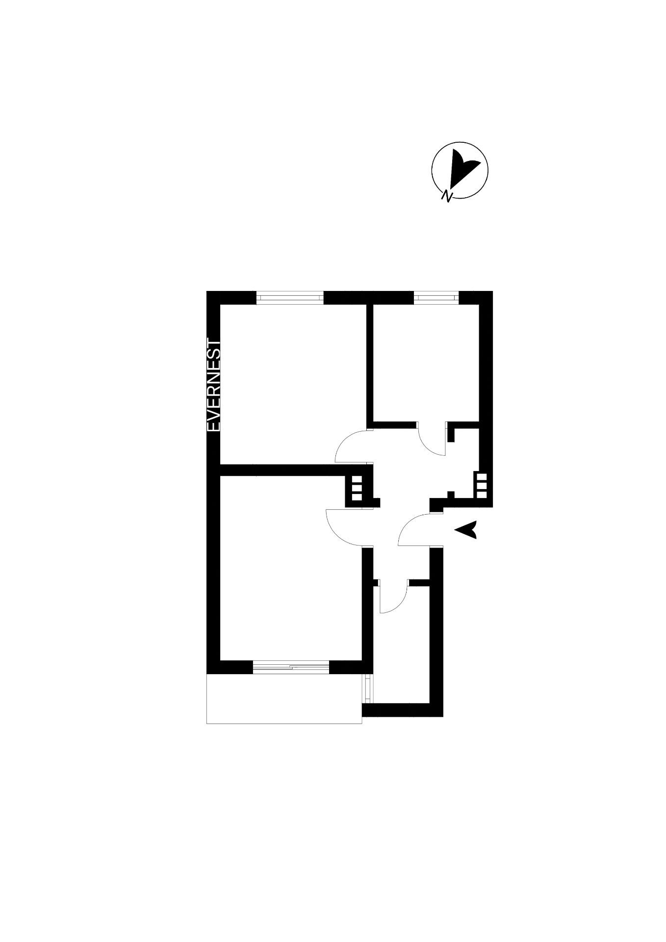Schwarz-weißer Grundriss einer Wohnung mit mehreren Zimmern und einem Eingang.