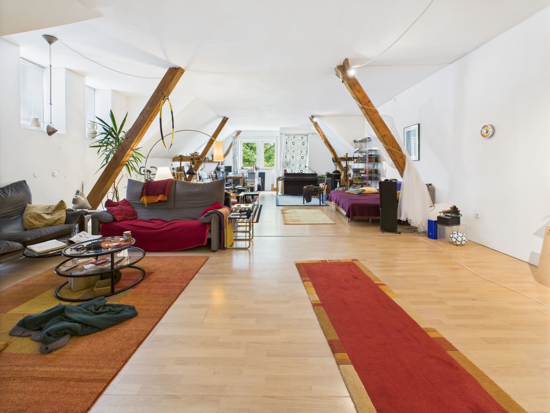 Großes, offenes Wohnzimmer mit Holzbalken, Sofas, Teppichen und einer Pflanze am Fenster.