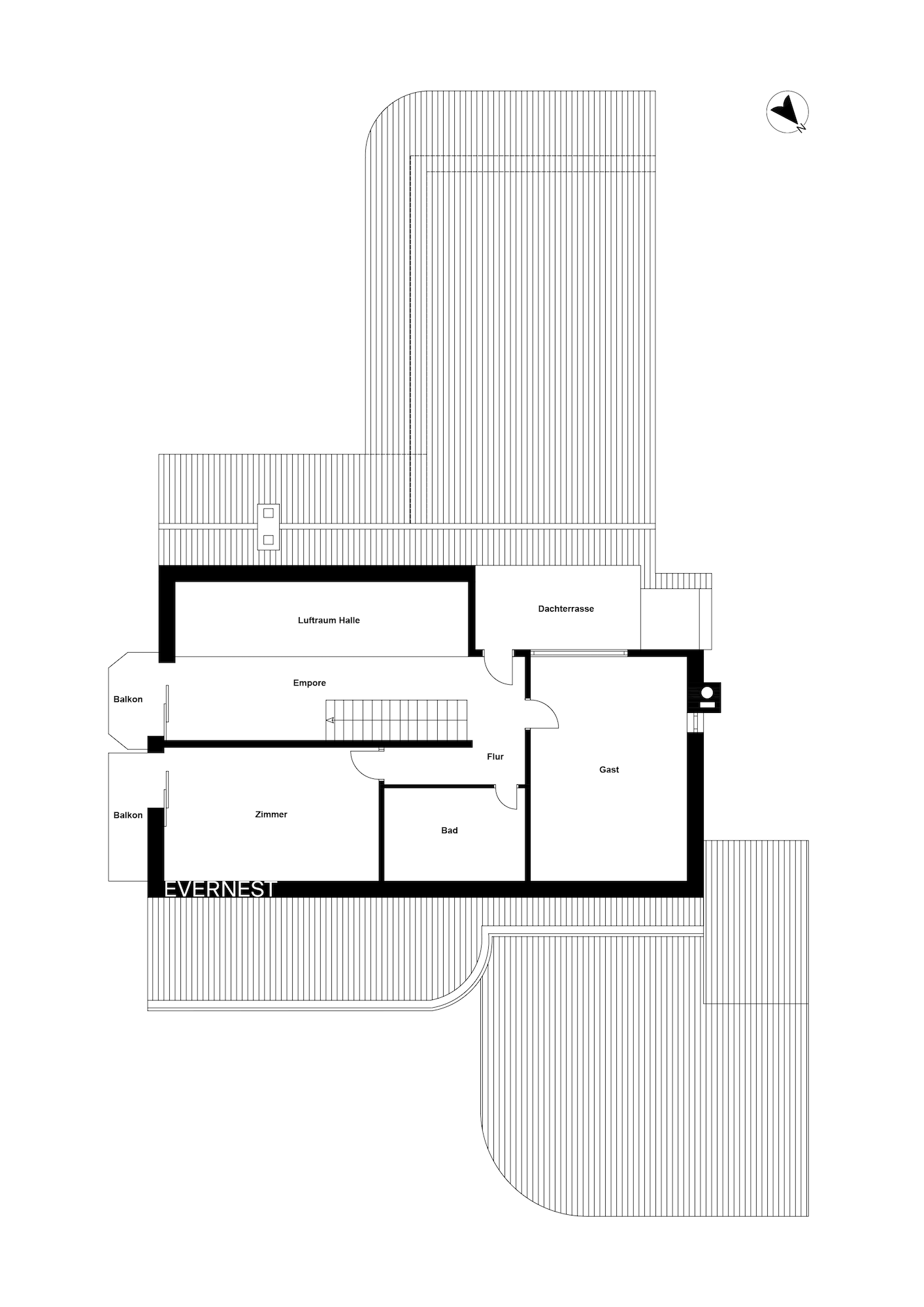 Grundriss eines Wohnhauses mit Zimmer, Bad, Flur, Gastzimmer, Empore, zwei Balkonen und Dachterrasse.