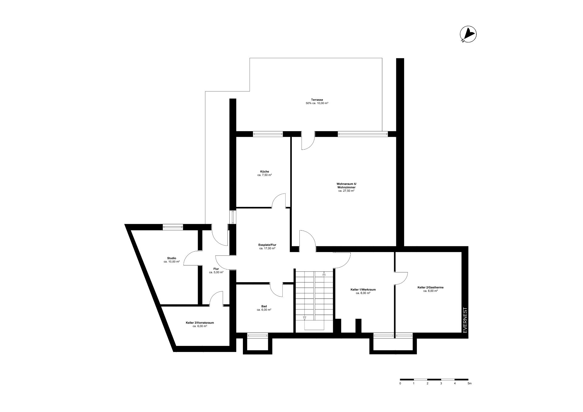 Grundriss einer Wohnung mit Wohnzimmer, Küche, Bad, Studio, Terrasse und mehreren Kellerräumen.