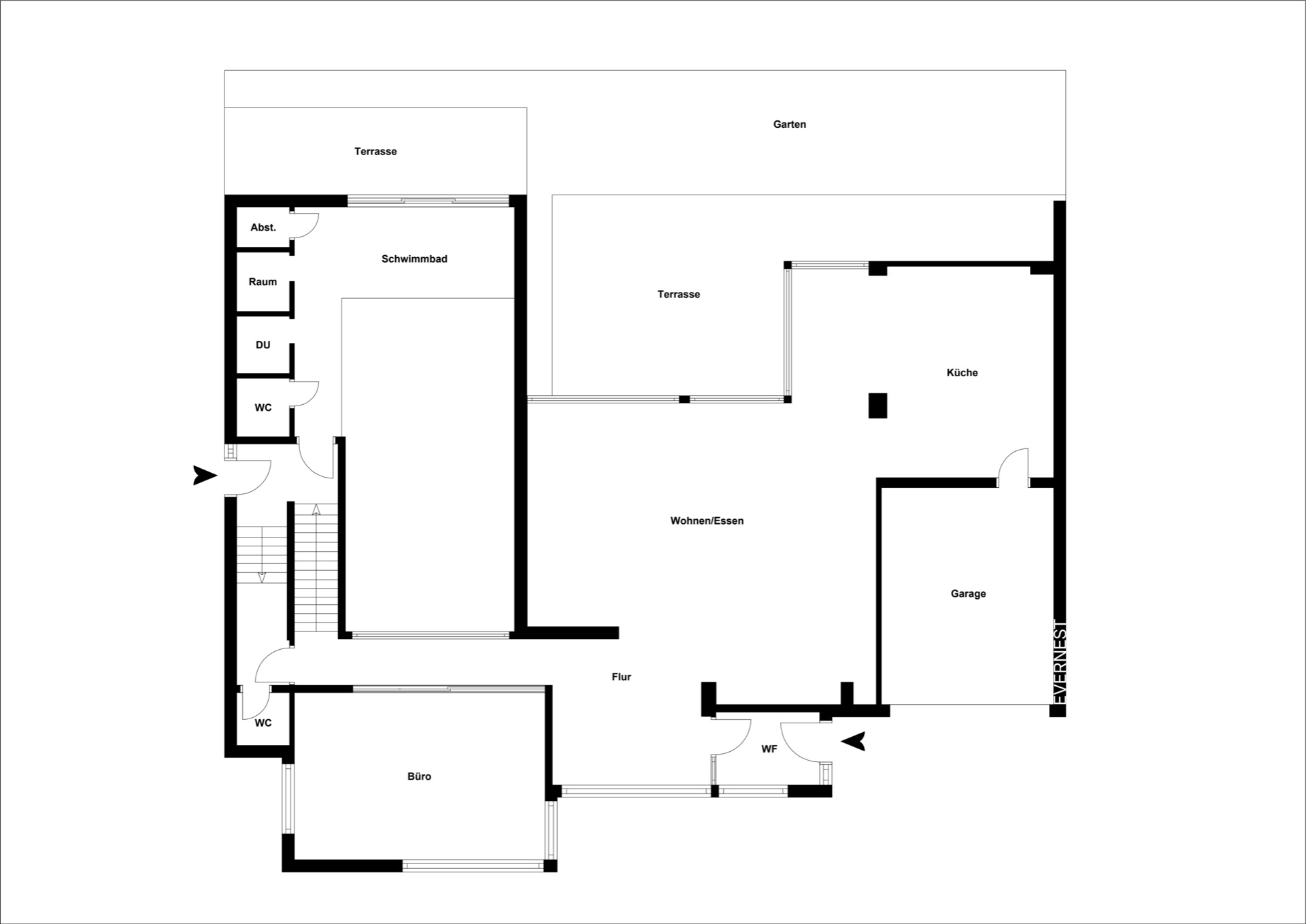 Grundriss eines Hauses mit Schwimmbad, Terrasse, Büro, Küche, Garage und Garten.