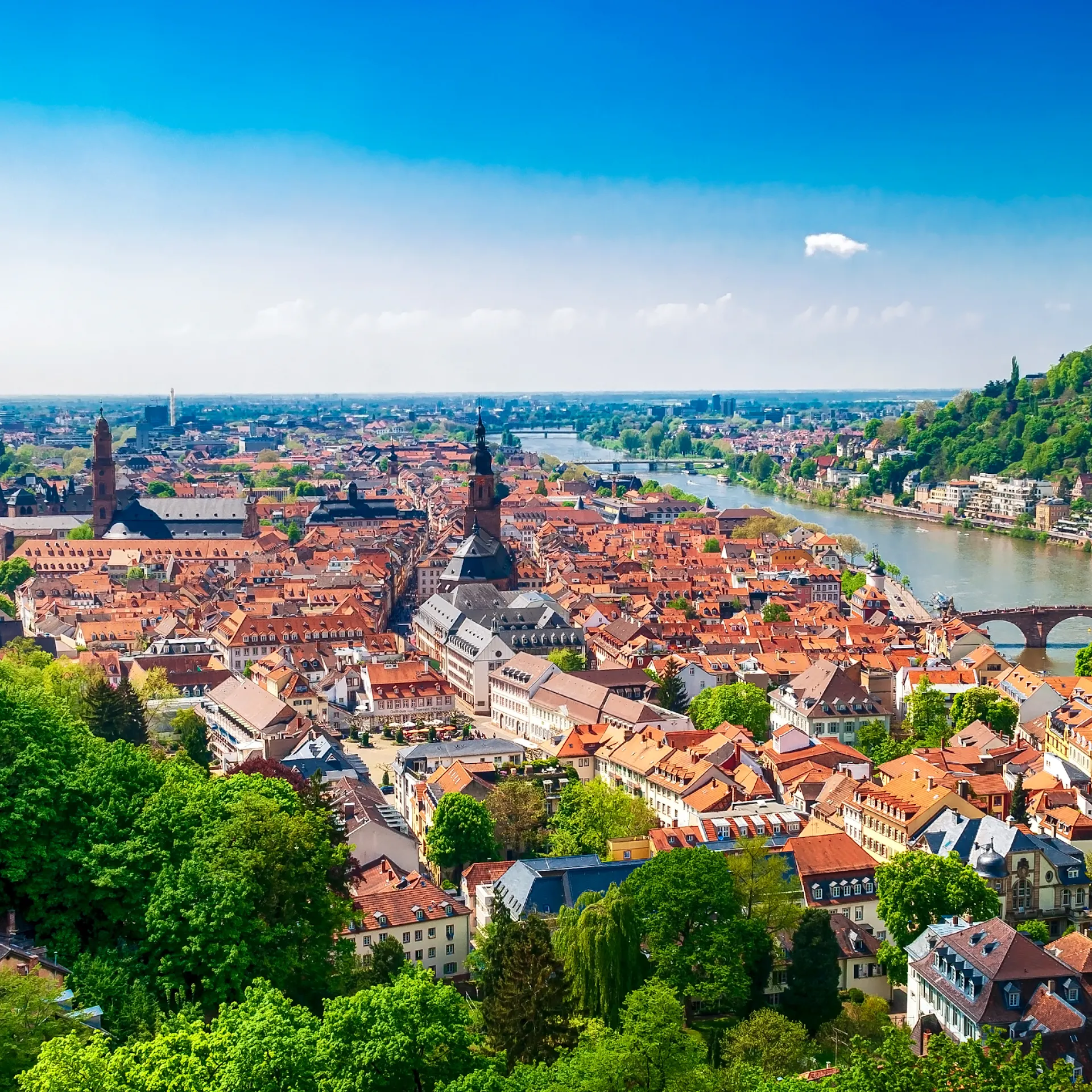 Blick auf eine Stadt mit roten Dächern, Fluss und Brücke, umgeben von grünen Hügeln.