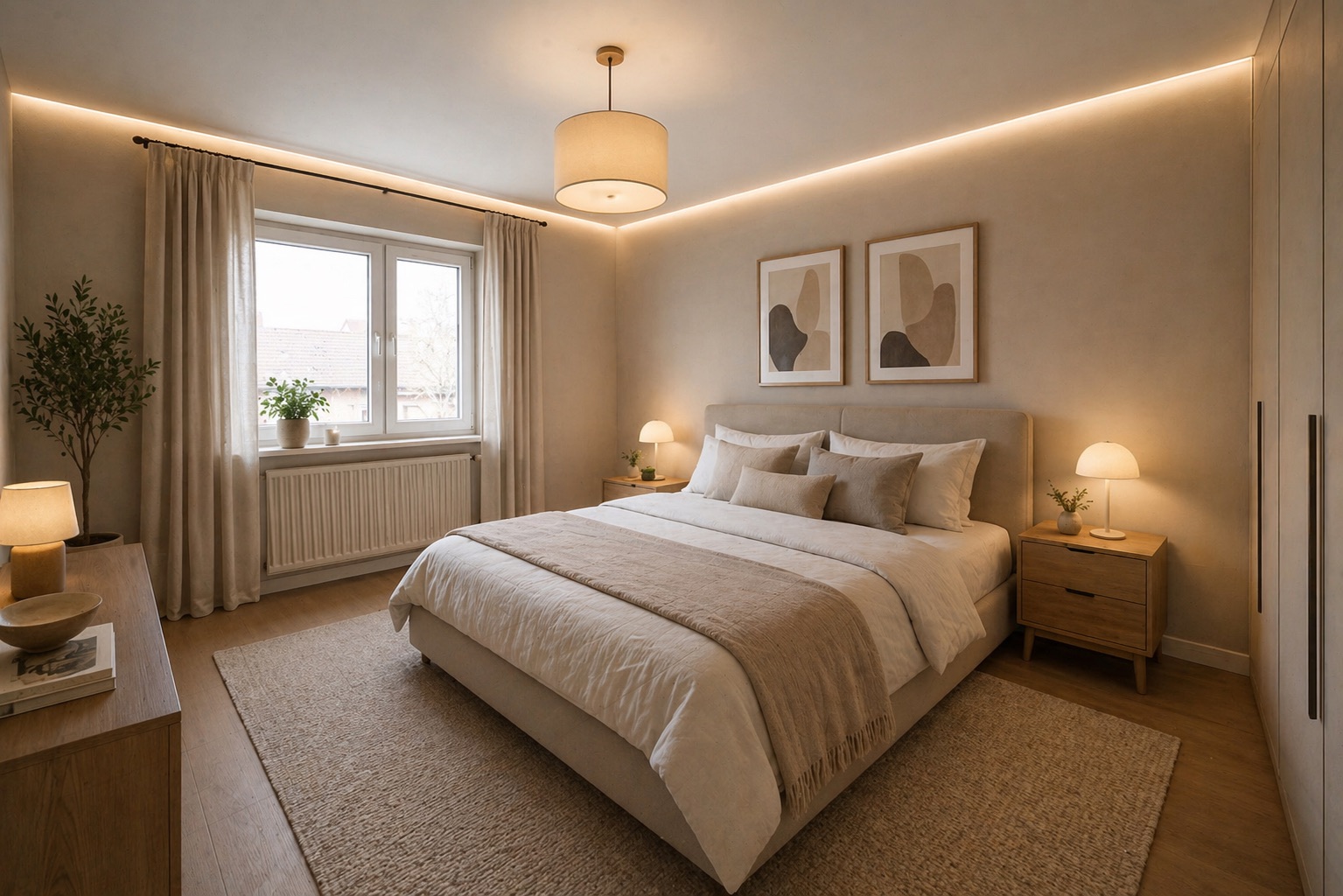 Schlafzimmer mit Doppelbett, Nachttischen, Lampen, Teppich und zwei Bildern an der Wand.