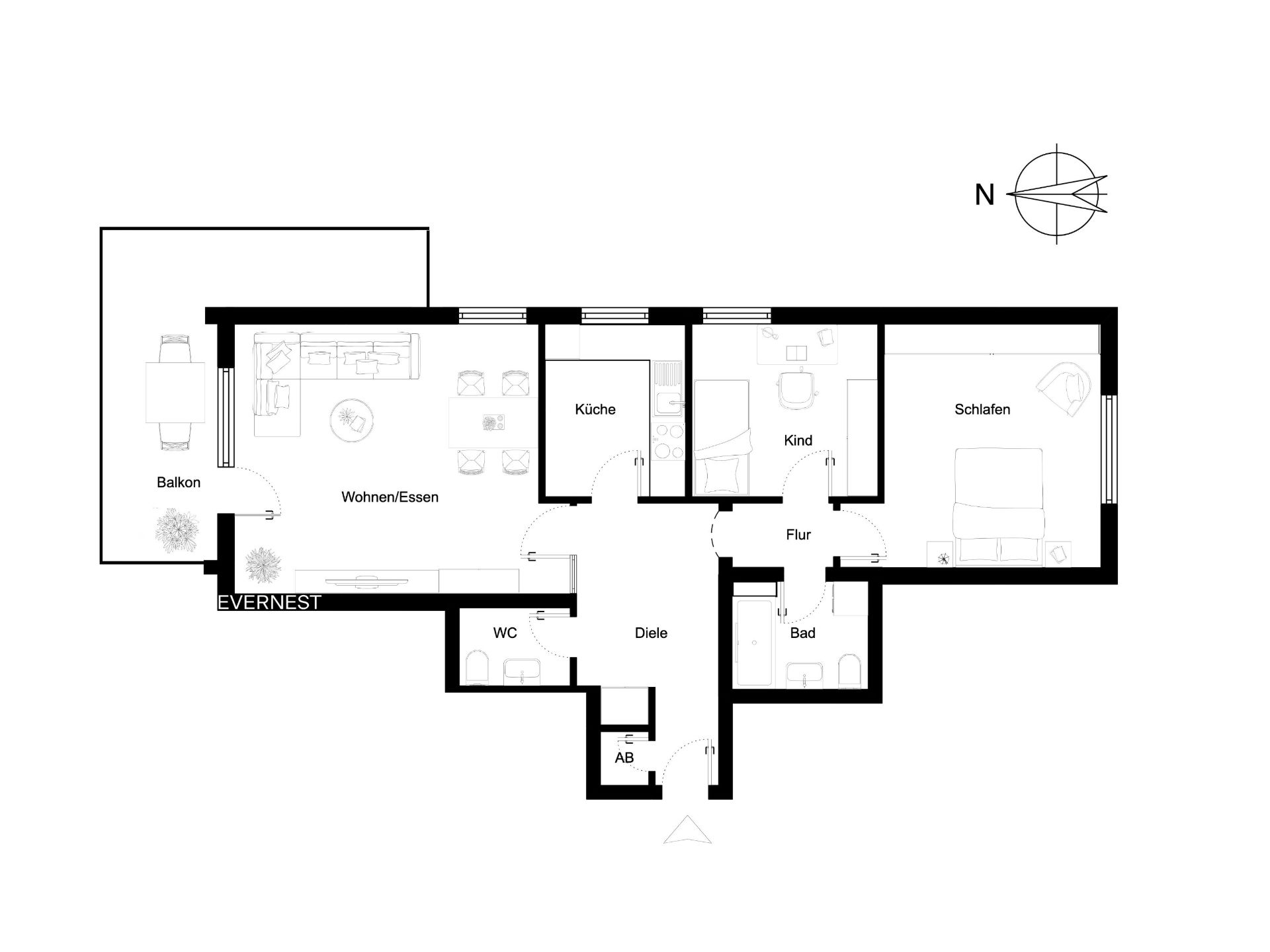 Grundriss einer Wohnung mit Balkon, Wohnzimmer, Küche, Schlafzimmer, Kinderzimmer, Bad und WC.