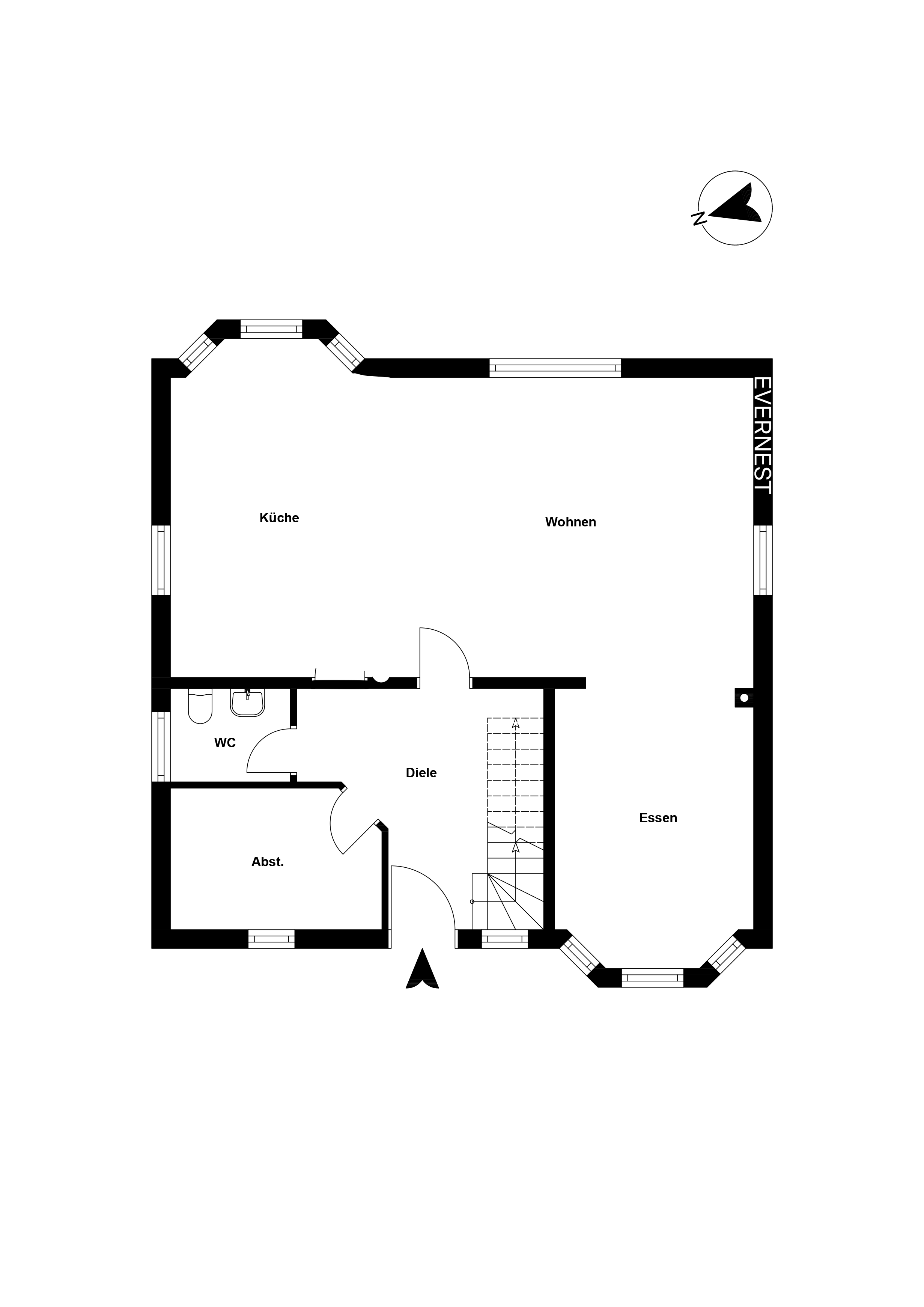 Grundriss mit Küche, Wohnbereich, Essbereich, WC, Diele und Abstellraum.