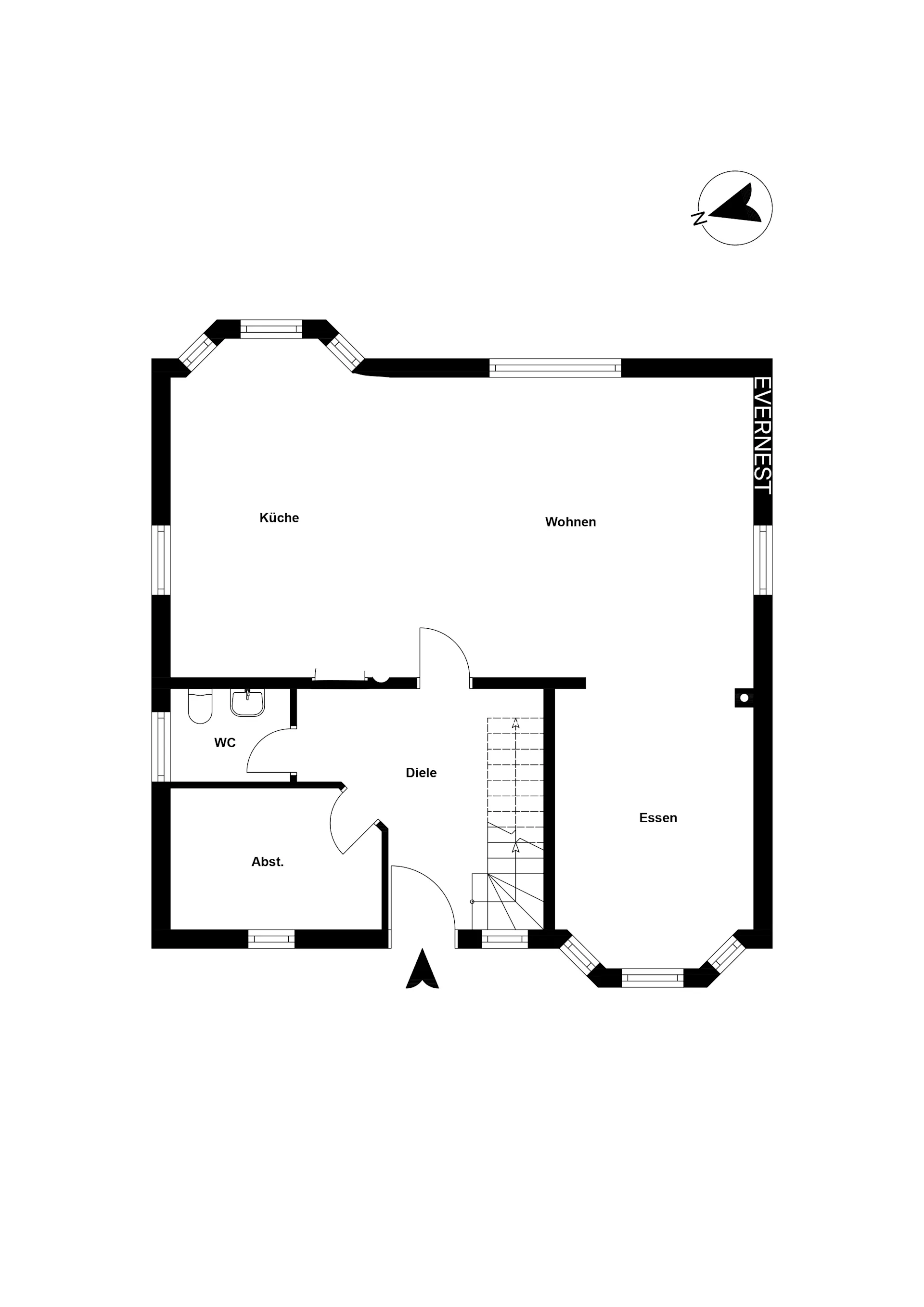 Grundriss mit Küche, Wohnbereich, Essbereich, WC, Diele und Abstellraum.