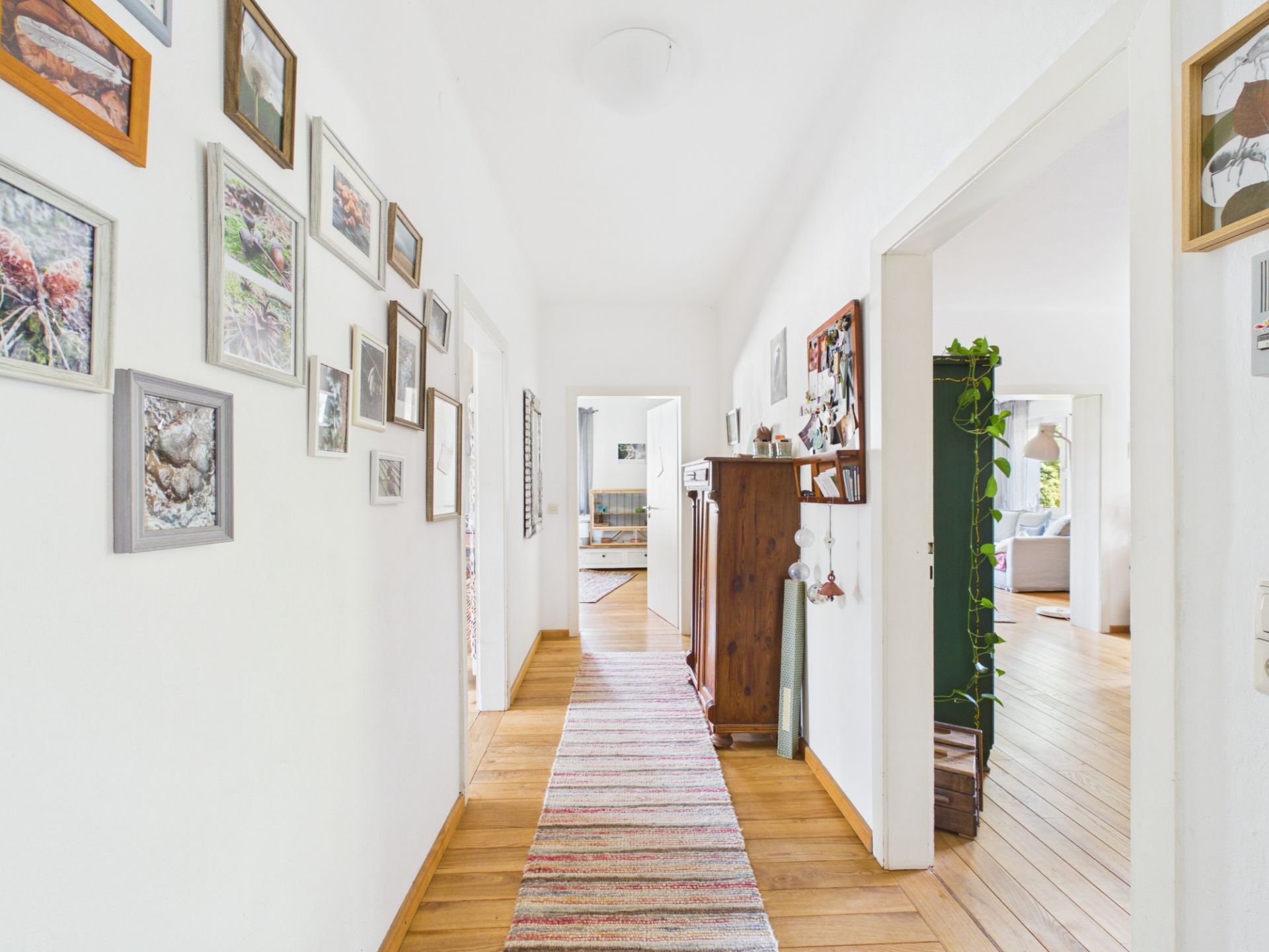 Heller Flur mit Holzboden, Teppich und vielen Bildern an der Wand.