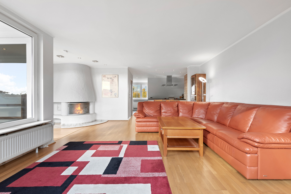 Wohnzimmer mit großer Ledercouch, Holztisch, modernem Kamin und buntem Teppich.