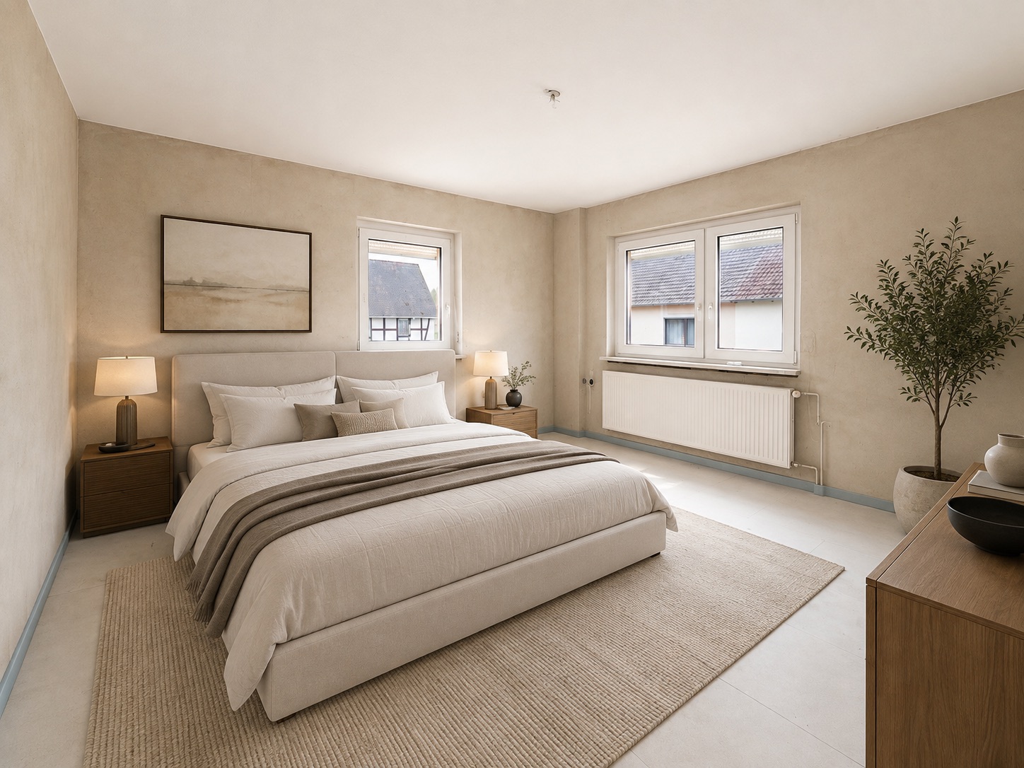 Helles Schlafzimmer mit Doppelbett, zwei Fenstern, Nachttischen und Pflanze in der Ecke.