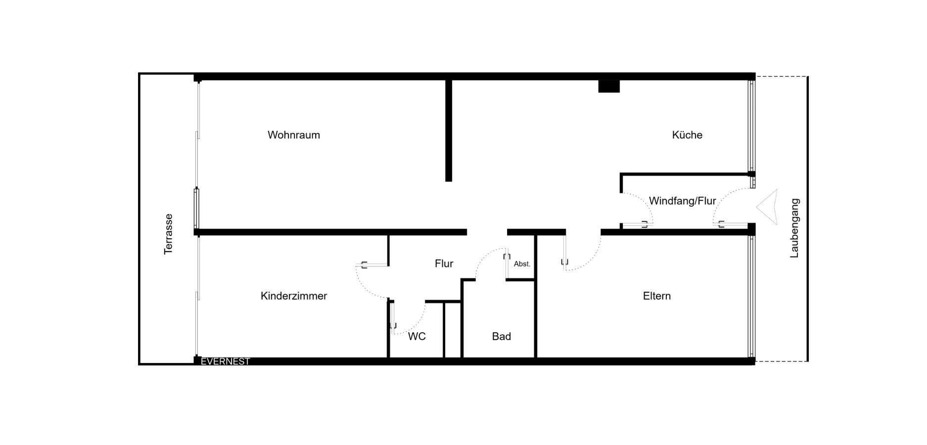 Grundriss einer Wohnung mit Wohnraum, Küche, Kinderzimmer, Elternzimmer, Bad, WC, Flur und Terrasse.
