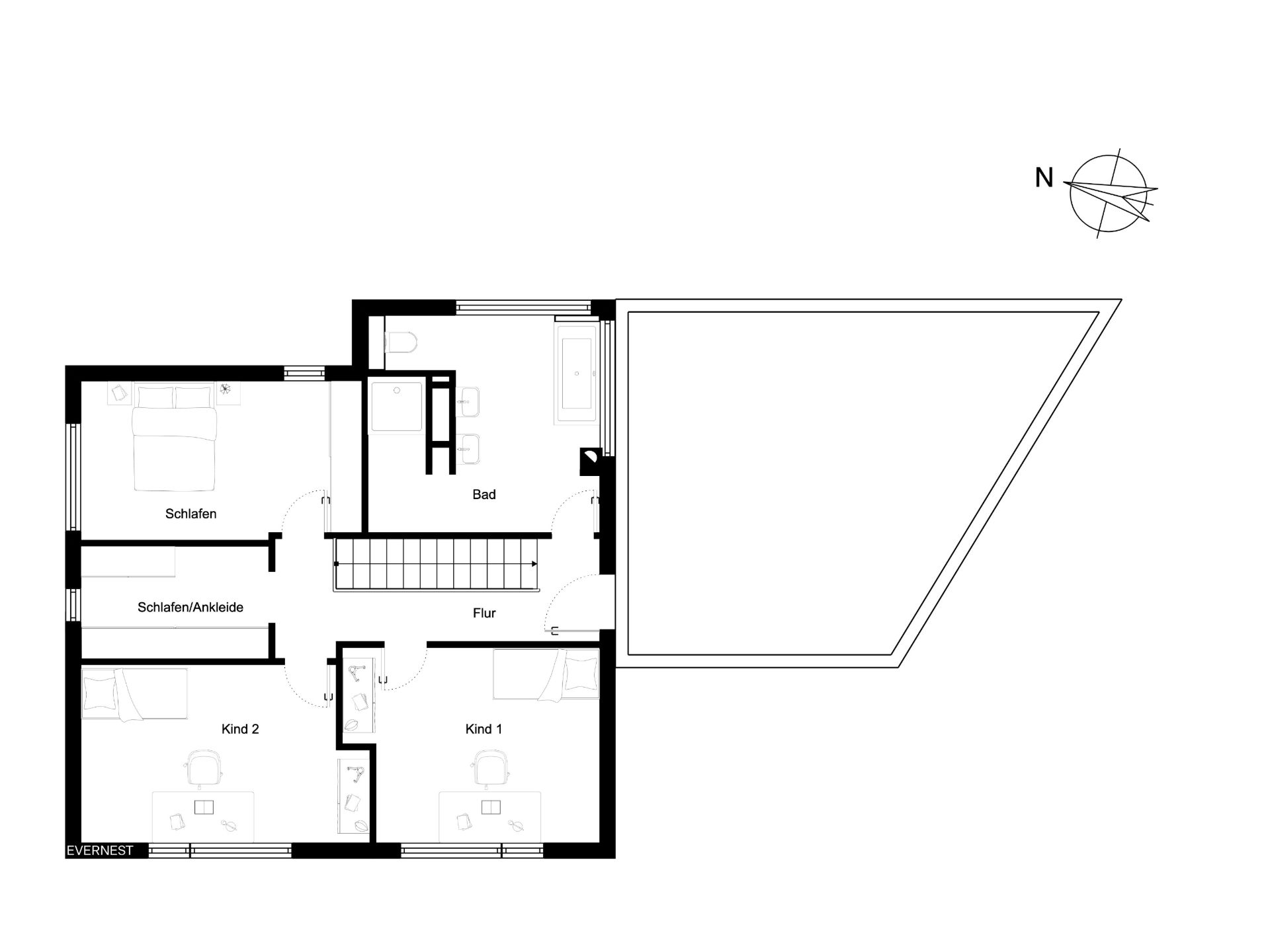 Grundriss mit Schlafzimmer, zwei Kinderzimmern, Bad, Ankleide und Flur.