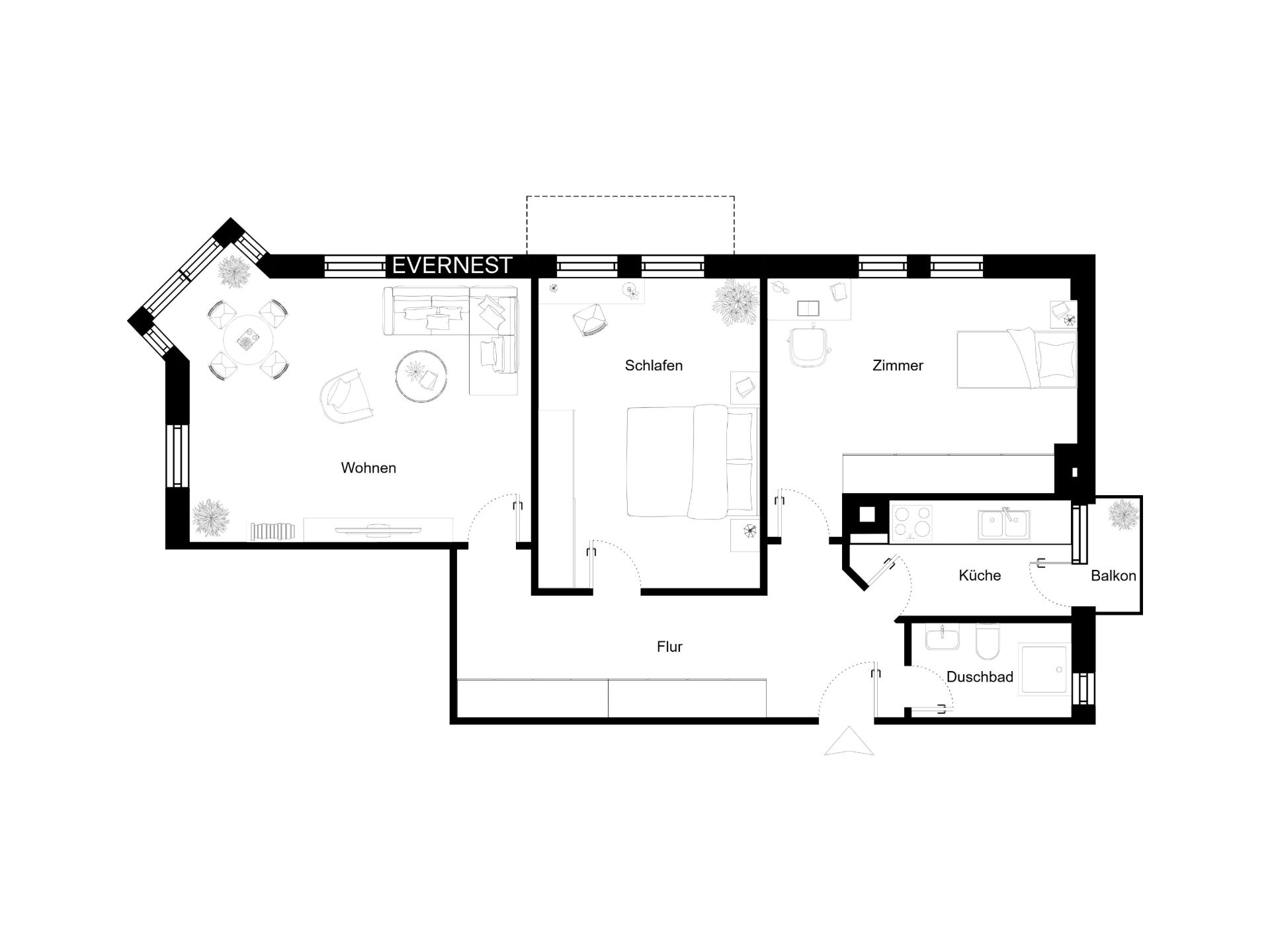 Grundriss einer Wohnung mit Wohnzimmer, Schlafzimmer, Zimmer, Küche, Bad und Balkon.