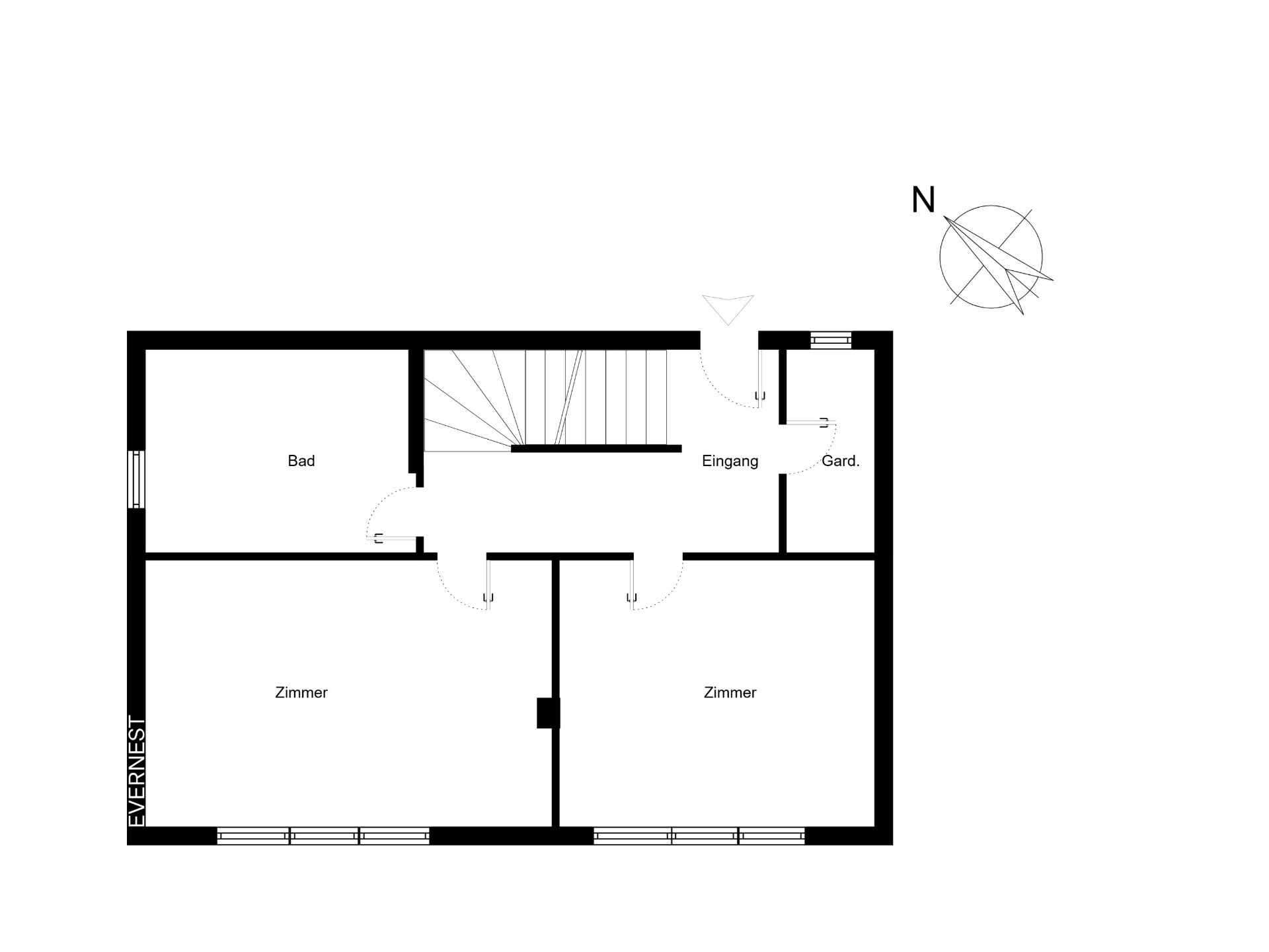Grundriss mit zwei Zimmern, Bad, Garderobe, Flur und Treppe, Nordpfeil gezeigt.