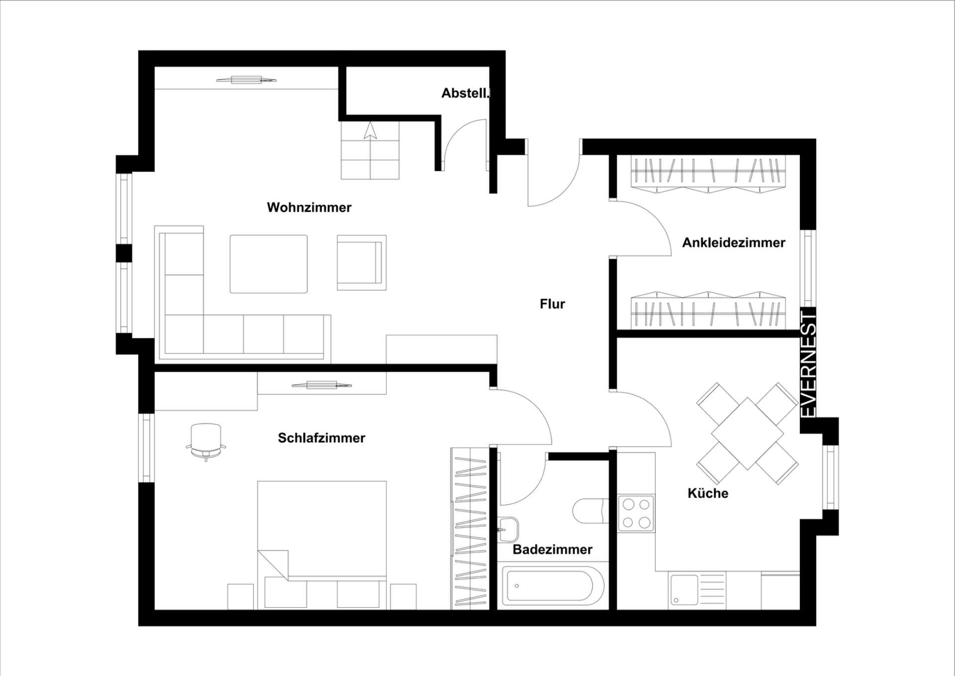 Grundriss einer Wohnung mit Wohnzimmer, Schlafzimmer, Küche, Bad und Ankleidezimmer.