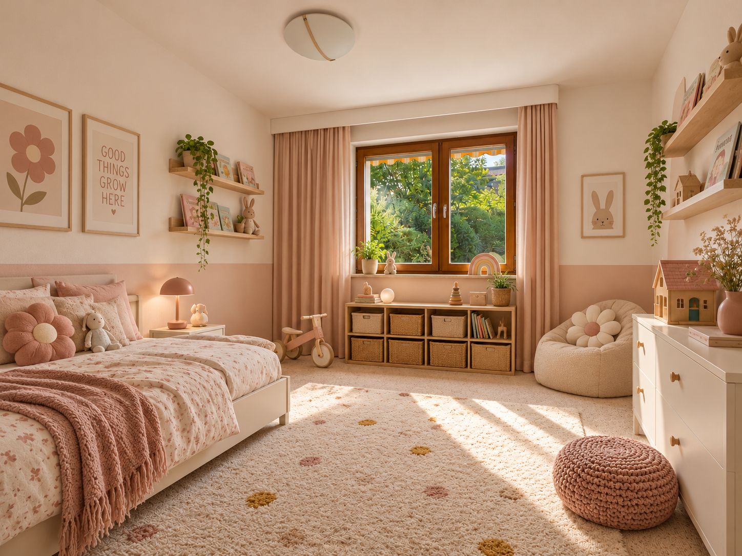 Helles Kinderzimmer mit Bett, Teppich, Spielzeug und großen Fenstern mit rosa Vorhängen.