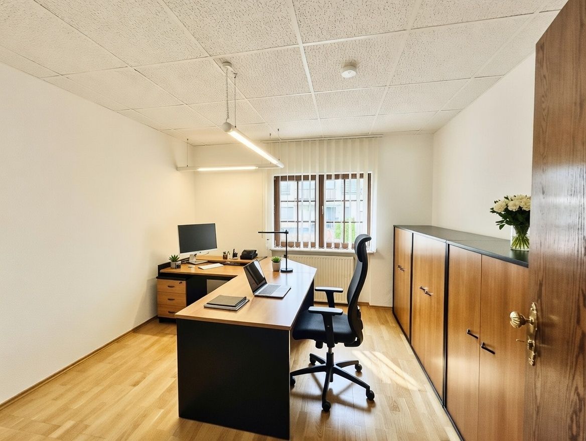 Helles Arbeitszimmer mit Schreibtisch, Stuhl, Monitor, Schränken und großem Fenster.