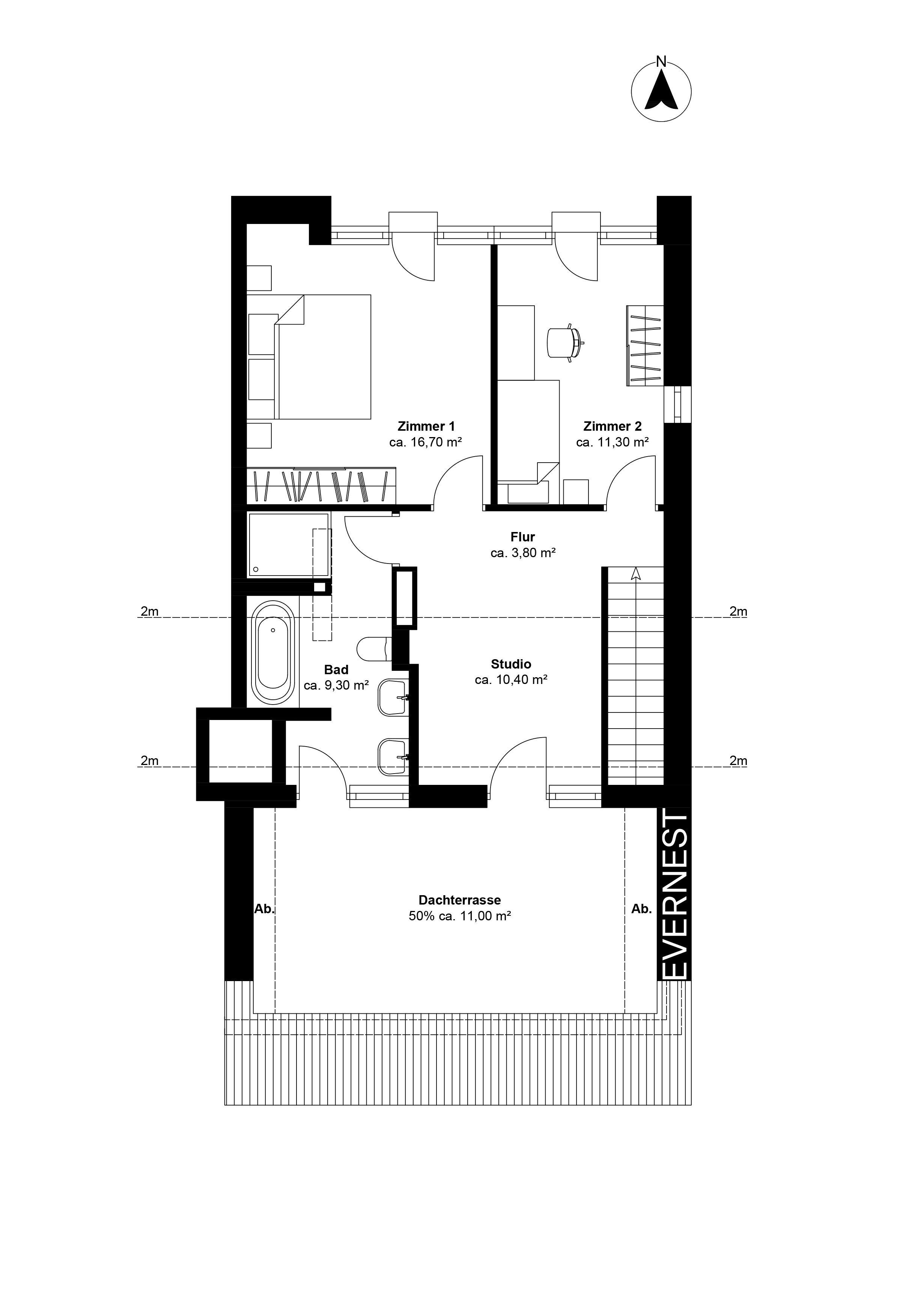 Grundriss einer Wohnung mit zwei Zimmern, Bad, Studio, Flur und großer Dachterrasse.