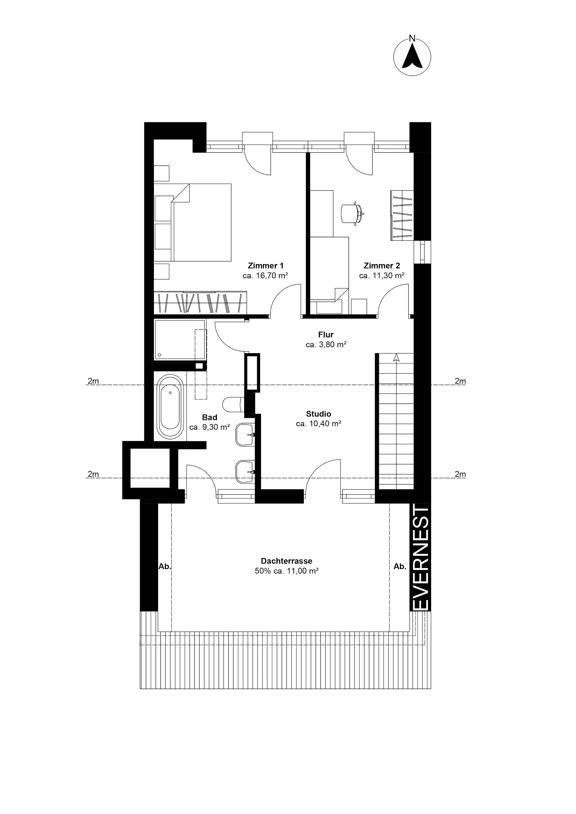 Grundriss einer Wohnung mit zwei Zimmern, Bad, Studio, Flur und großer Dachterrasse.