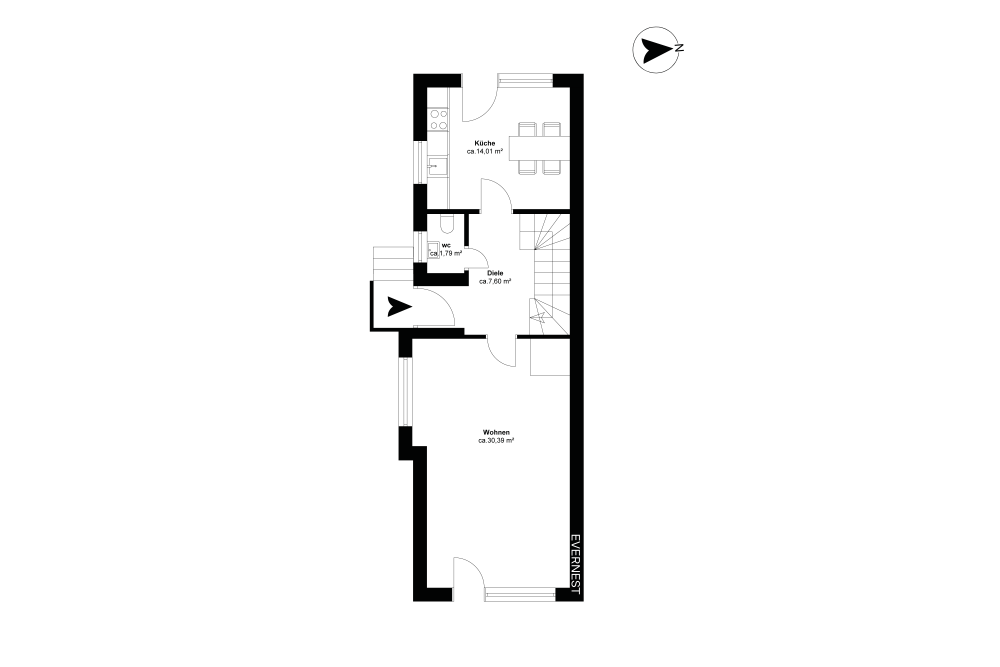 Grundriss einer Wohnung mit Wohnzimmer, Küche, WC und Diele.