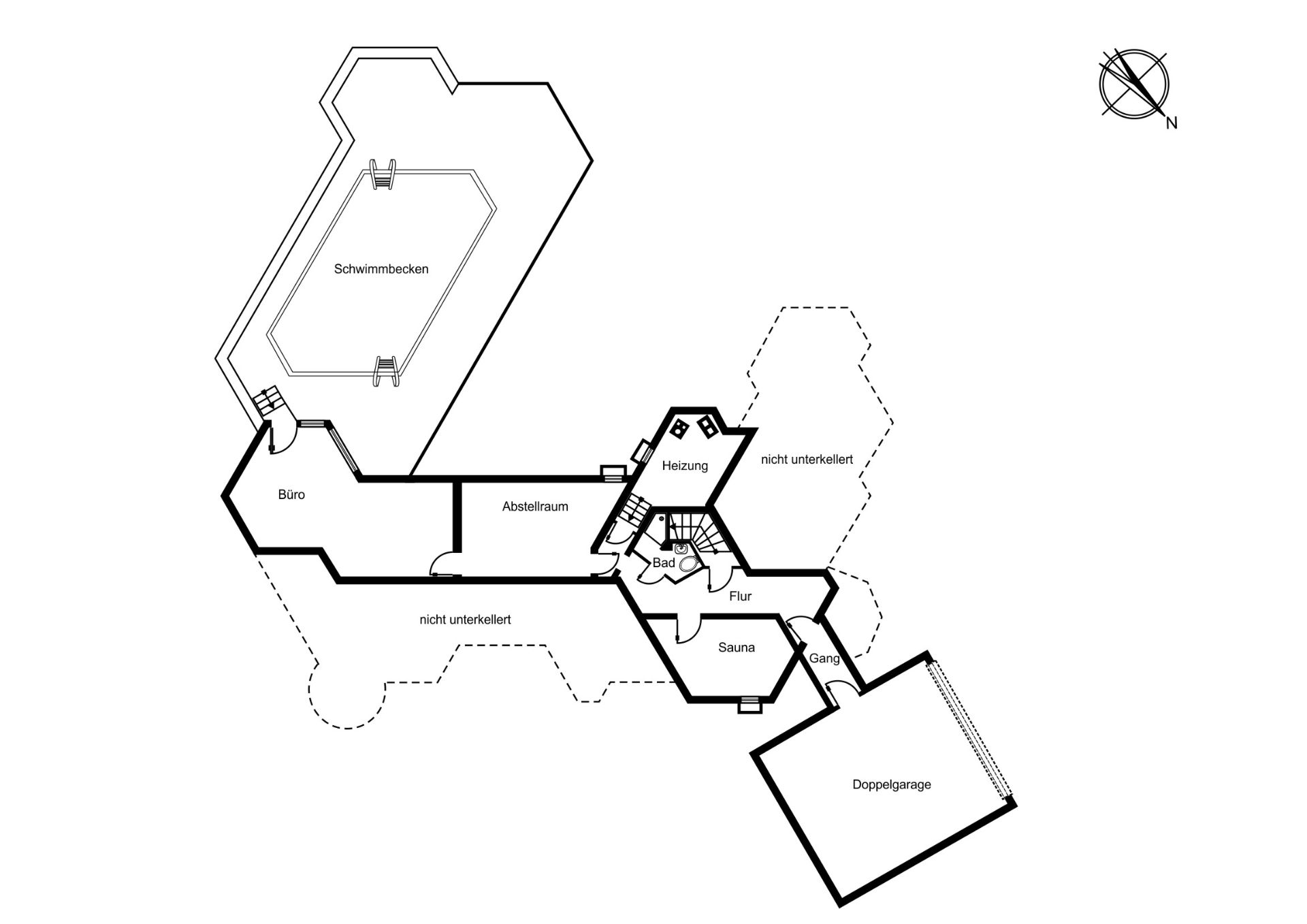 Grundriss mit Schwimmbecken, Büro, Abstellraum, Bad, Sauna, Flur, Heizung und Doppelgarage.