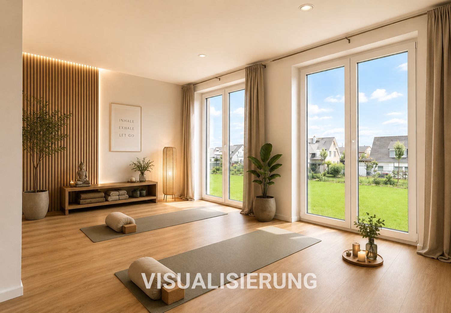 Heller Raum mit zwei Yogamatten, großen Fenstern, Pflanzen und Holzboden.