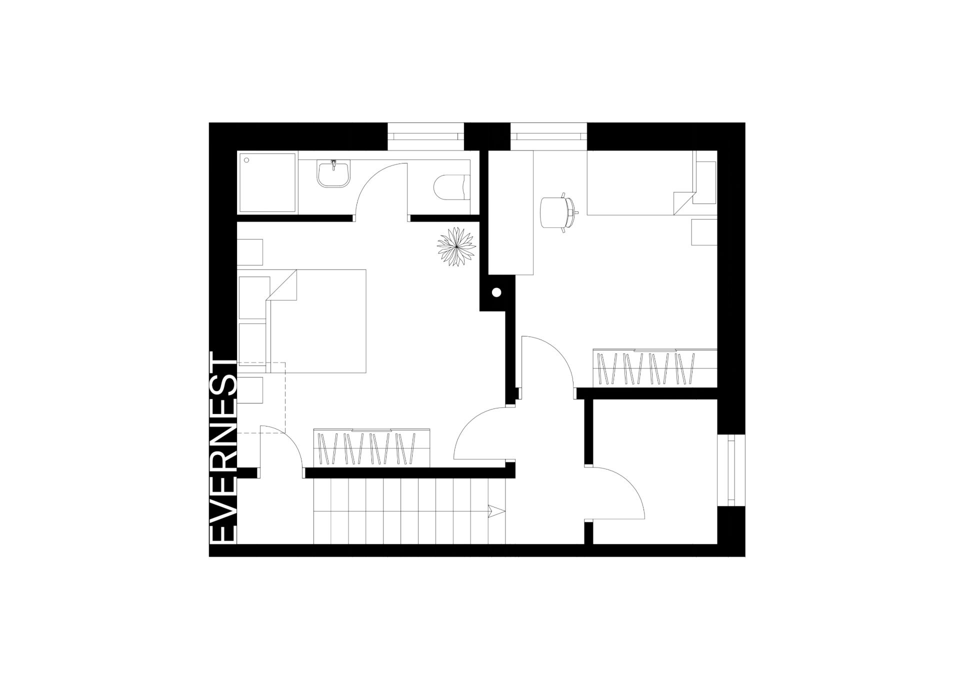 Grundriss mit zwei Zimmern, Bad, Abstellraum und Treppe.