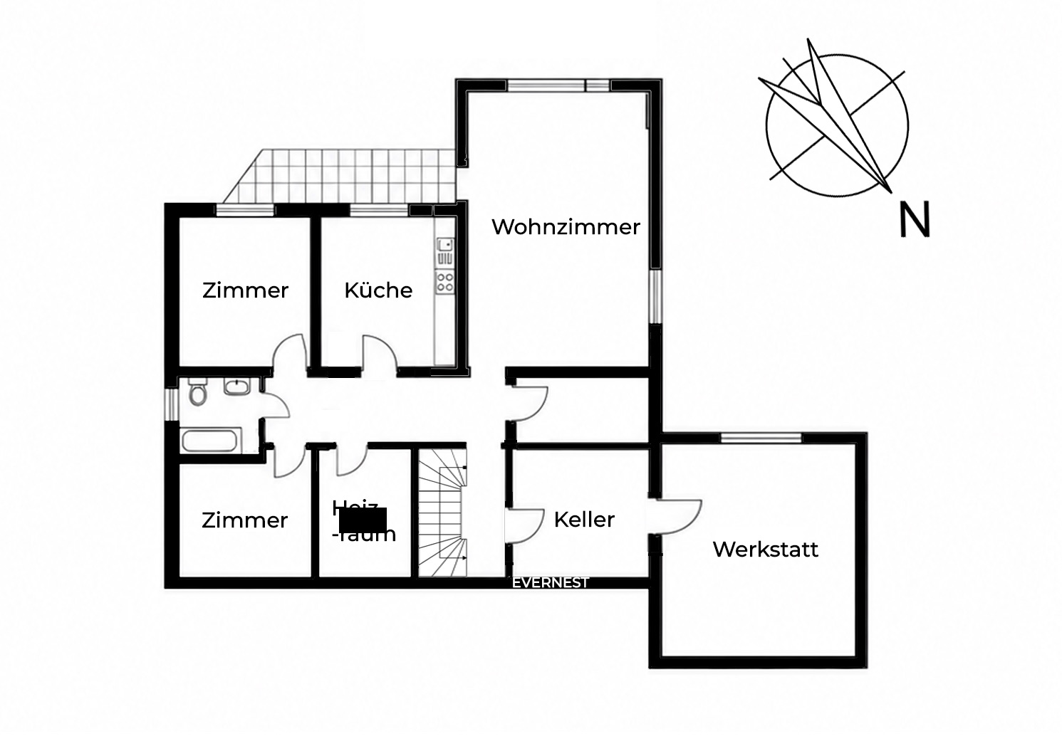 Grundriss mit Wohnzimmer, Küche, zwei Zimmern, Bad, Heizraum, Keller und Werkstatt.