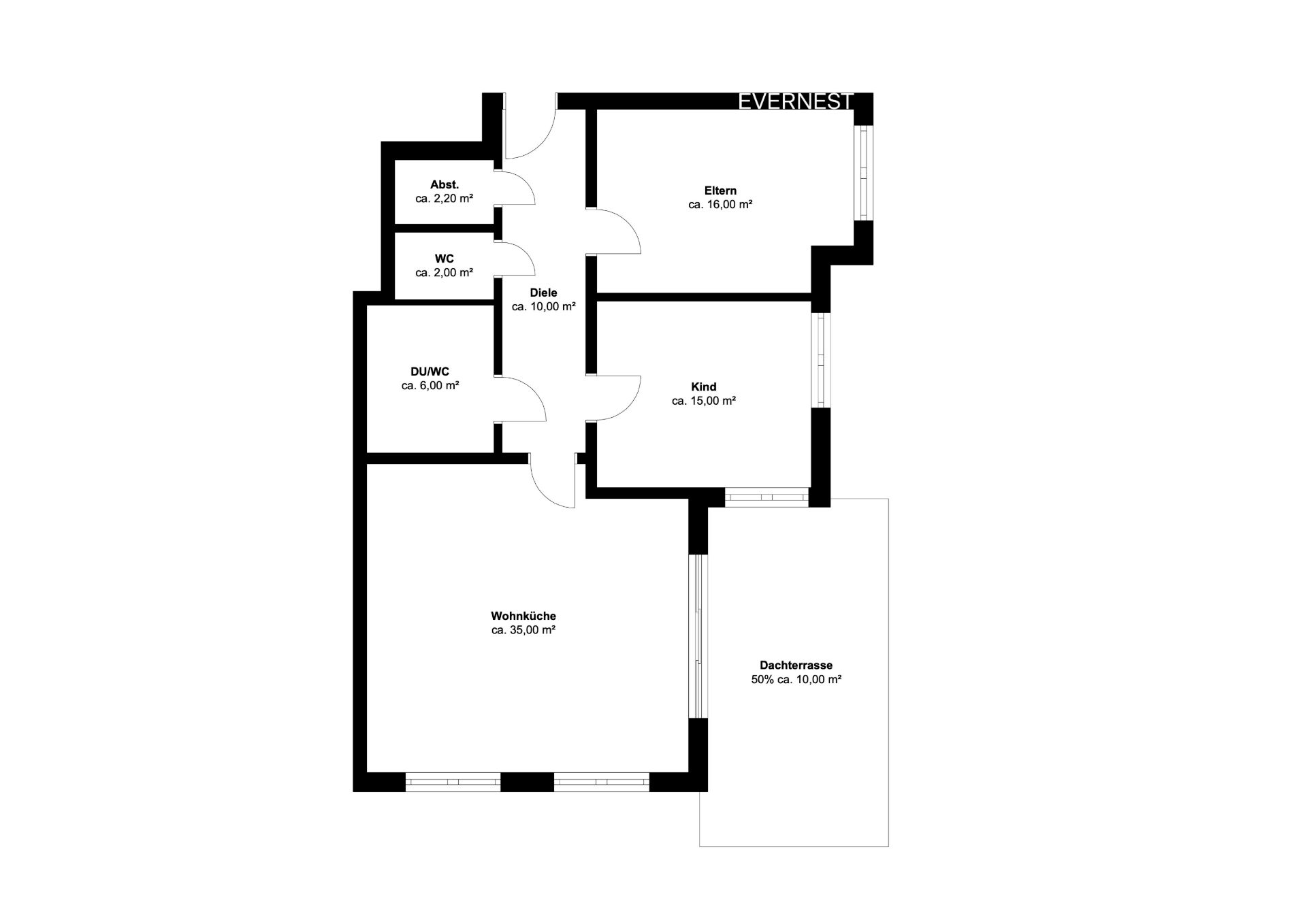 Grundriss mit Wohnküche, Elternzimmer, Kinderzimmer, Bad, WC, Abstellraum, Diele und Dachterrasse.