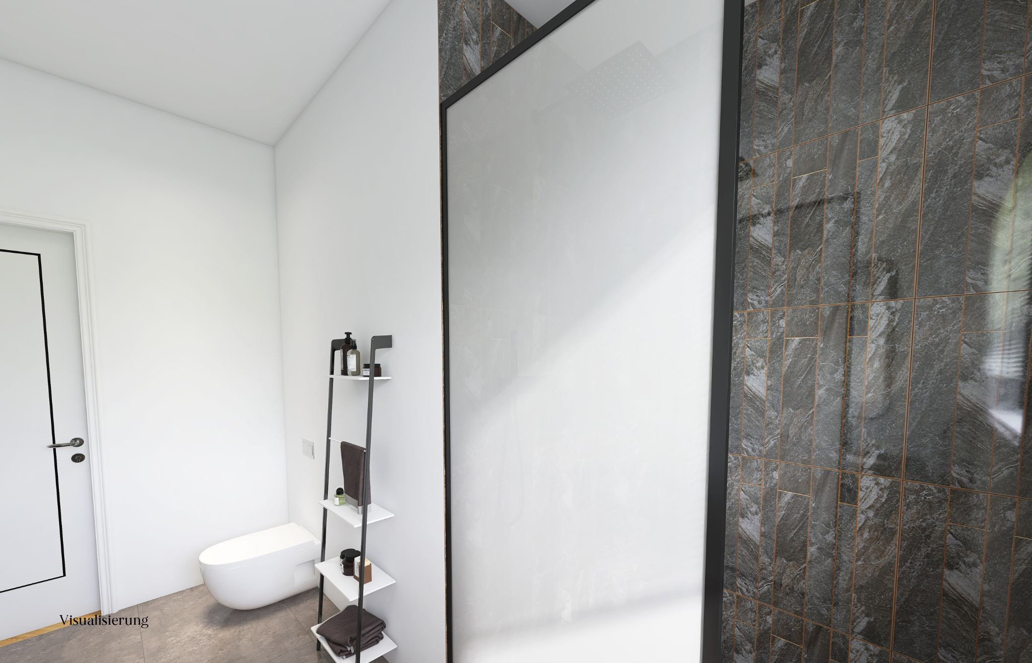 Modernes Badezimmer mit Wandtoilette, Regalen und einer Dusche mit dunklen Fliesen.