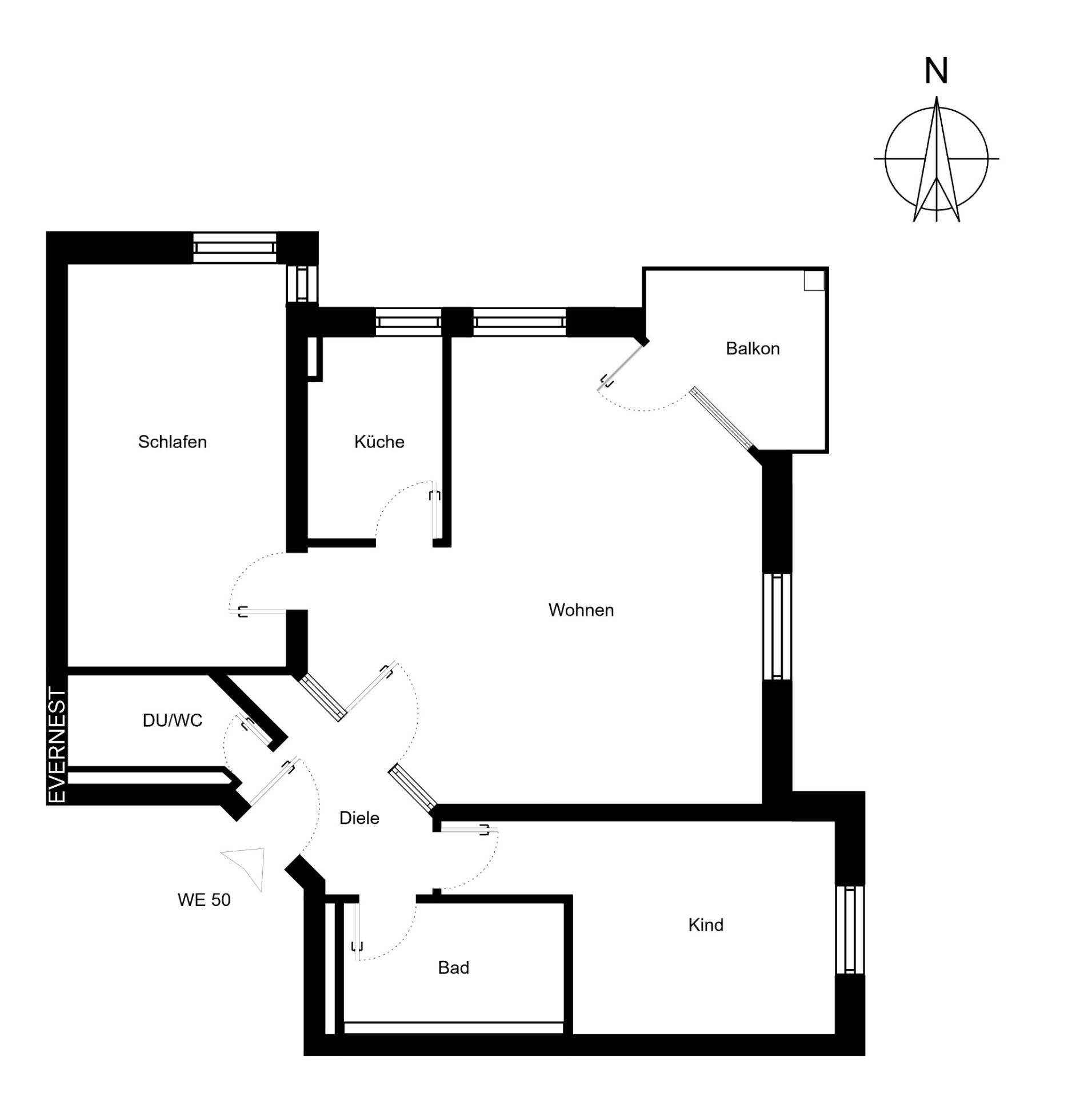 Grundriss einer Wohnung mit Schlafzimmer, Kinderzimmer, Bad, WC, Küche, Wohnzimmer und Balkon.