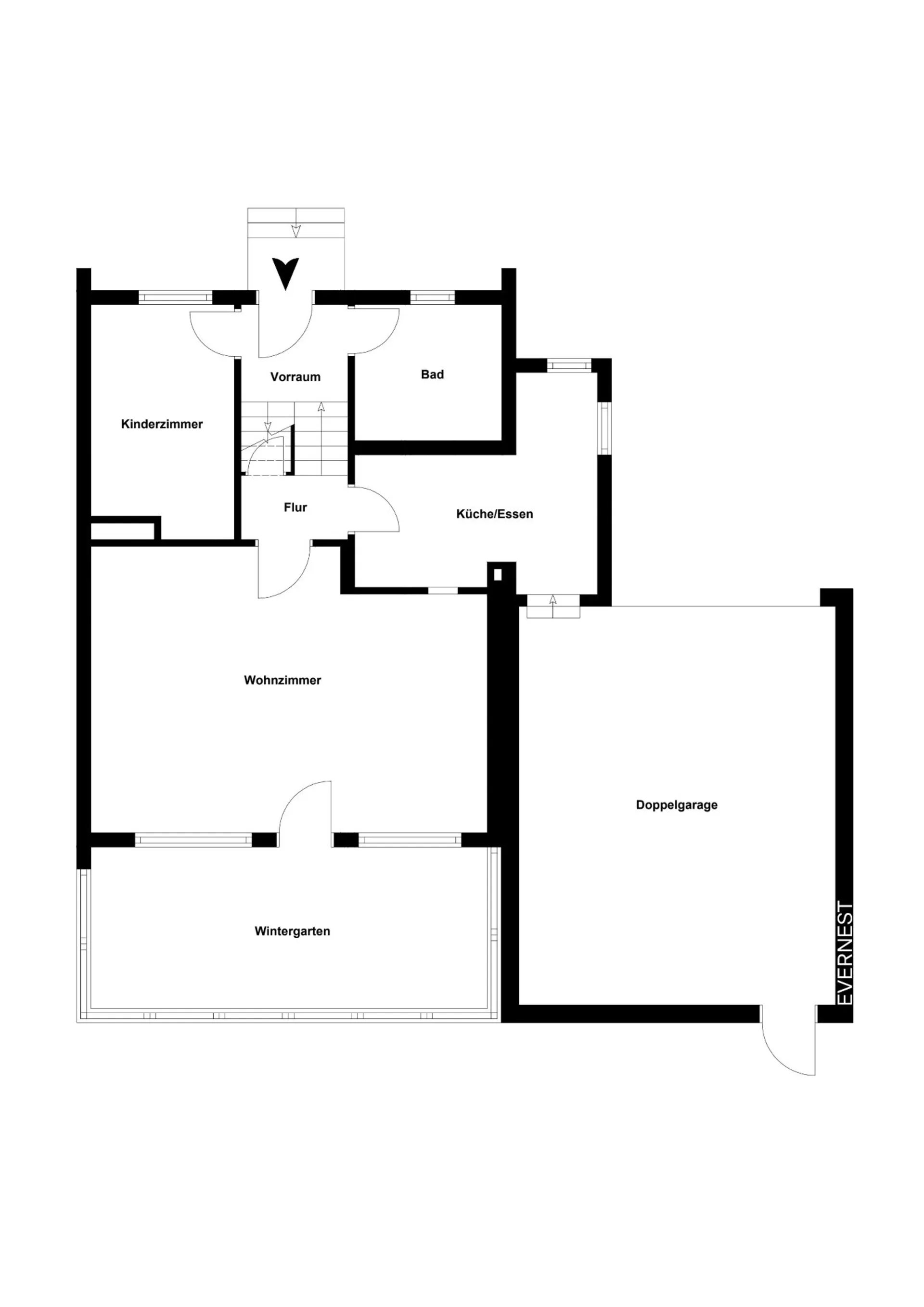 Grundriss eines Wohnhauses mit Wohnzimmer, Wintergarten, Kinderzimmer, Bad, Küche und Doppelgarage.