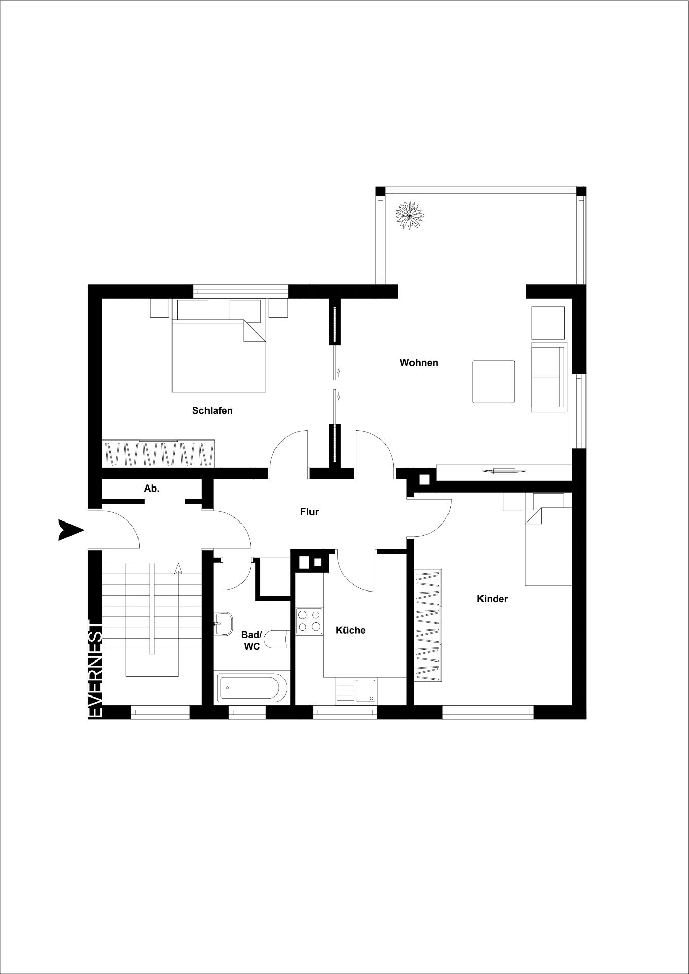 Grundriss einer Wohnung mit Schlafzimmer, Wohnzimmer, Kinderzimmer, Küche, Bad und Flur.