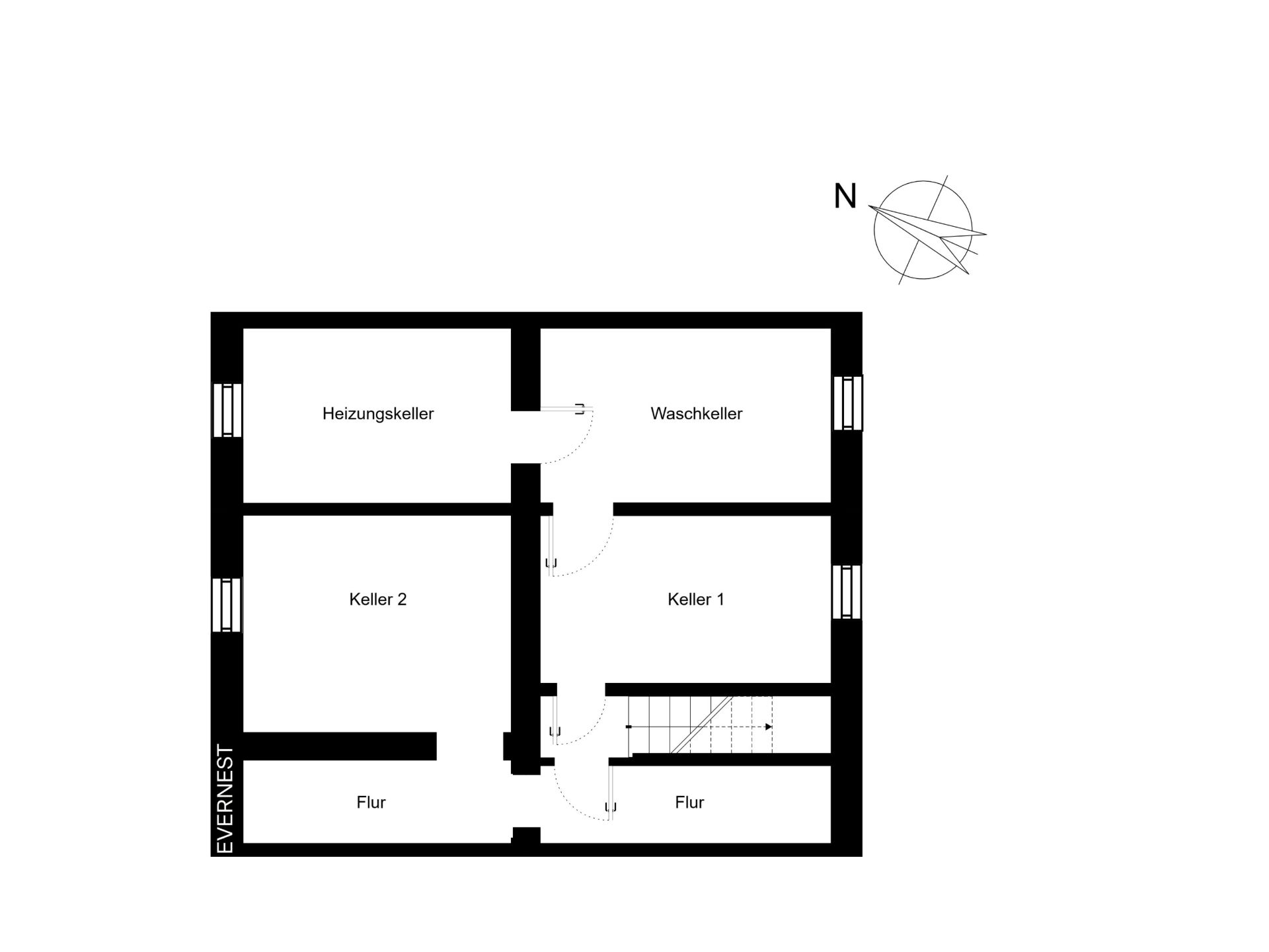 Grundriss mit Heizungs-, Wasch- und zwei Kellerräumen sowie Fluren und Treppe.